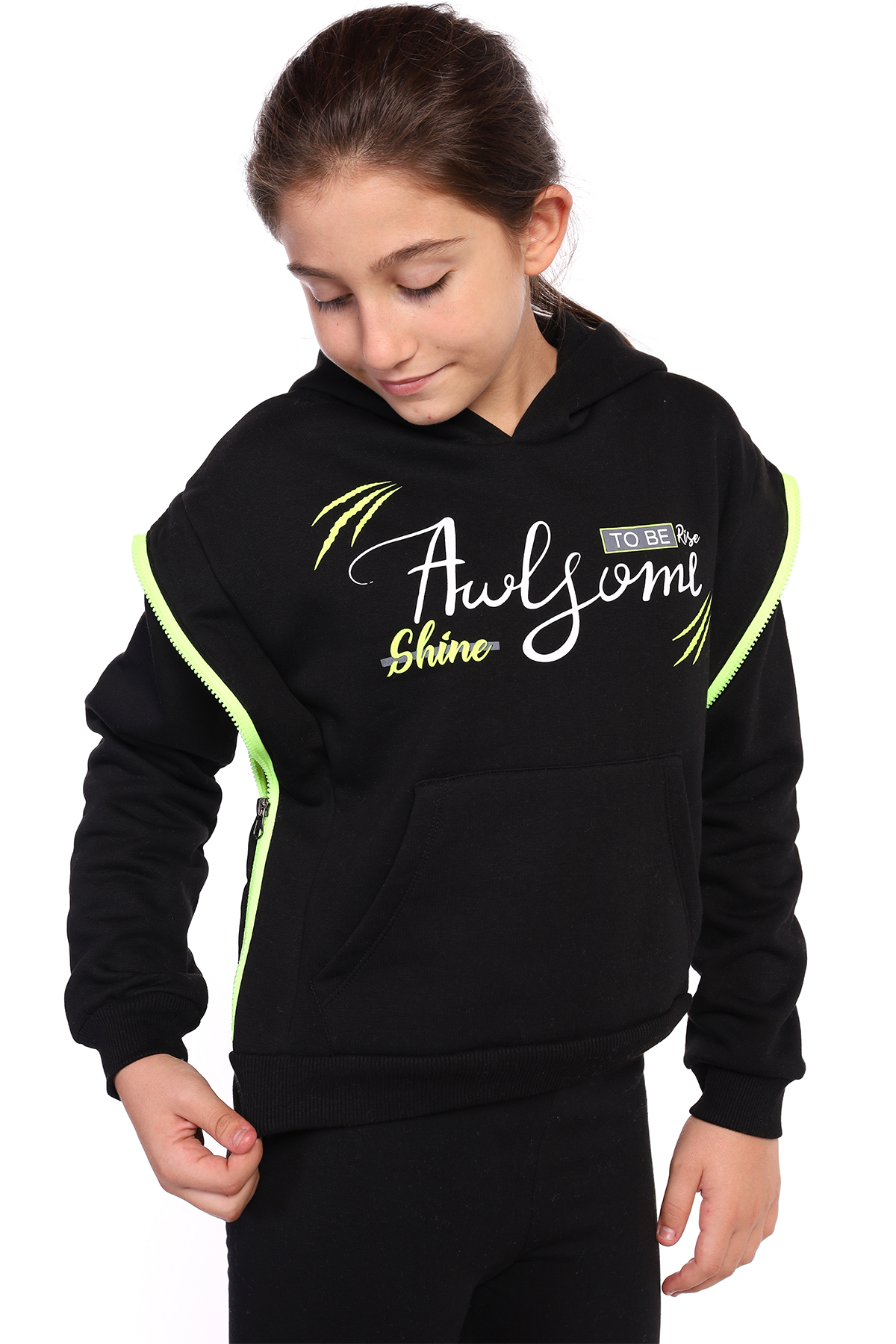 Toontoy Kız Çocuk Kapüşonlu Fermuar Detaylı Baskılı Sweatshirt