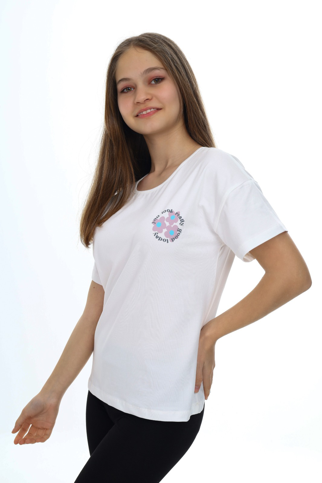 Toontoy Kız Çocuk  Çiçek Ve You Look Baskılı Tişört