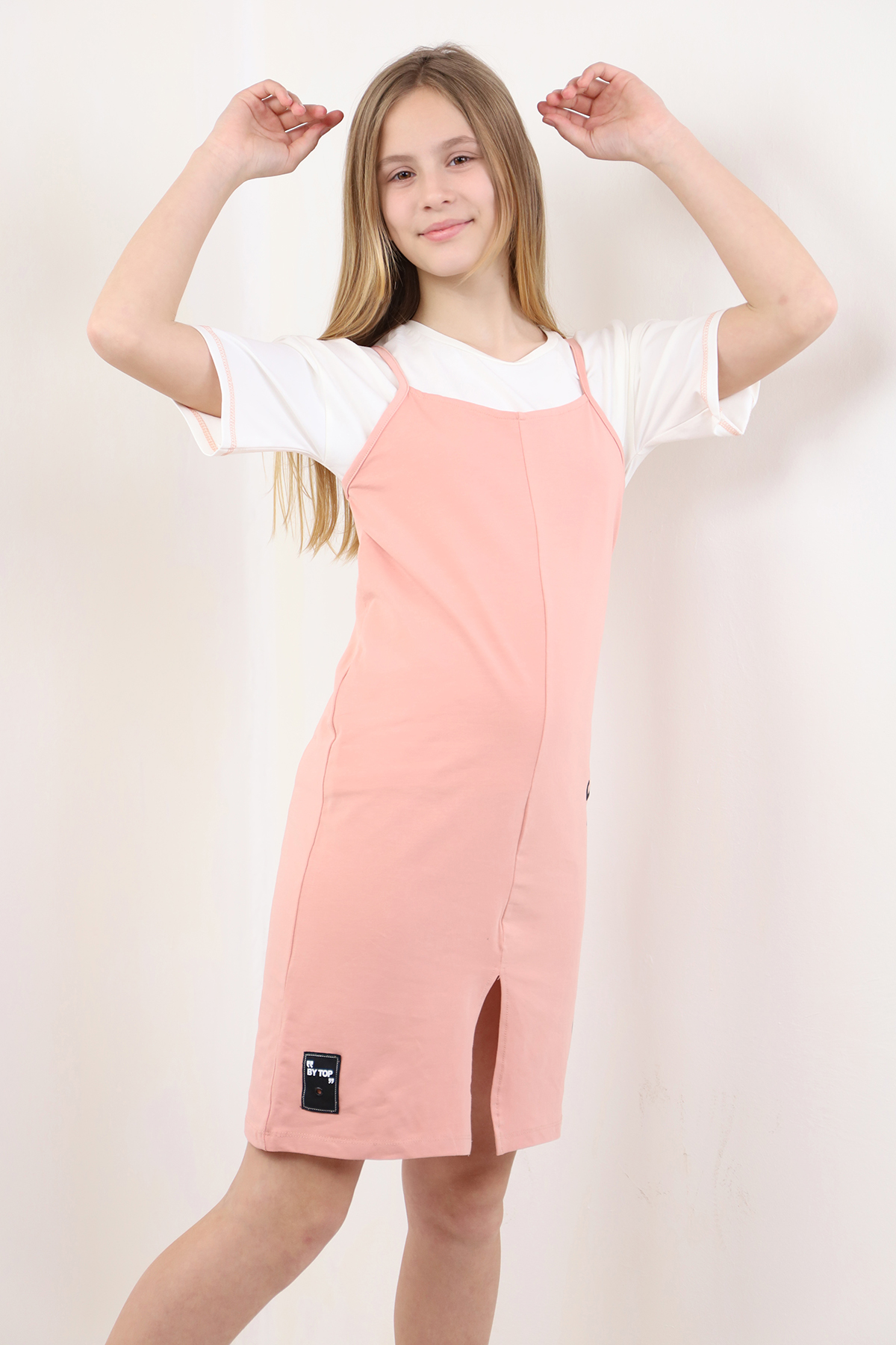 Toontoy Kız Çocuk Armalı Yırtmaç Detaylı 2li Baskılı Elbiseli Tak