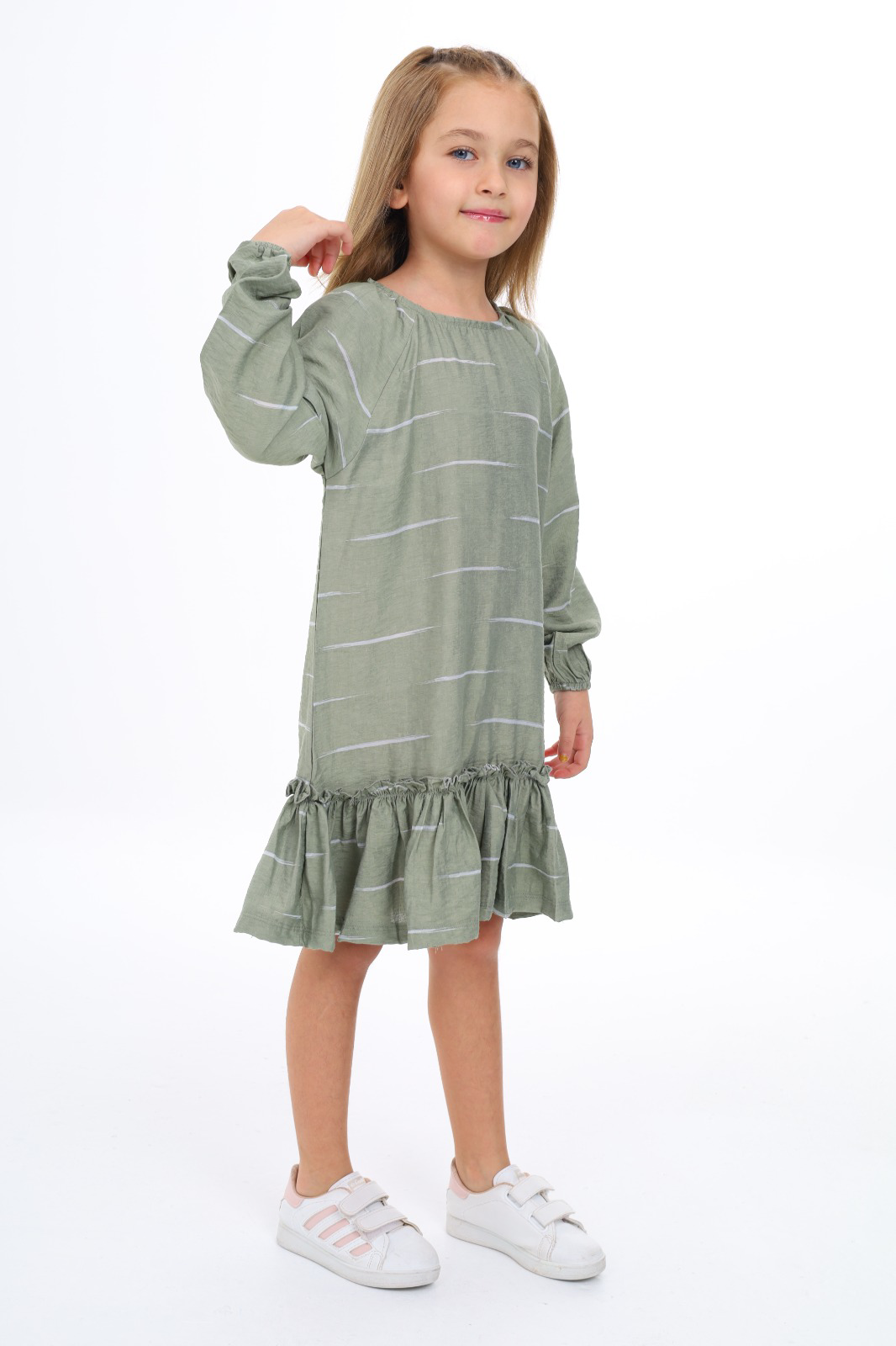 Toontoy Kız Çocuk Reglan Kol Fırfır Büzgülü Elbise