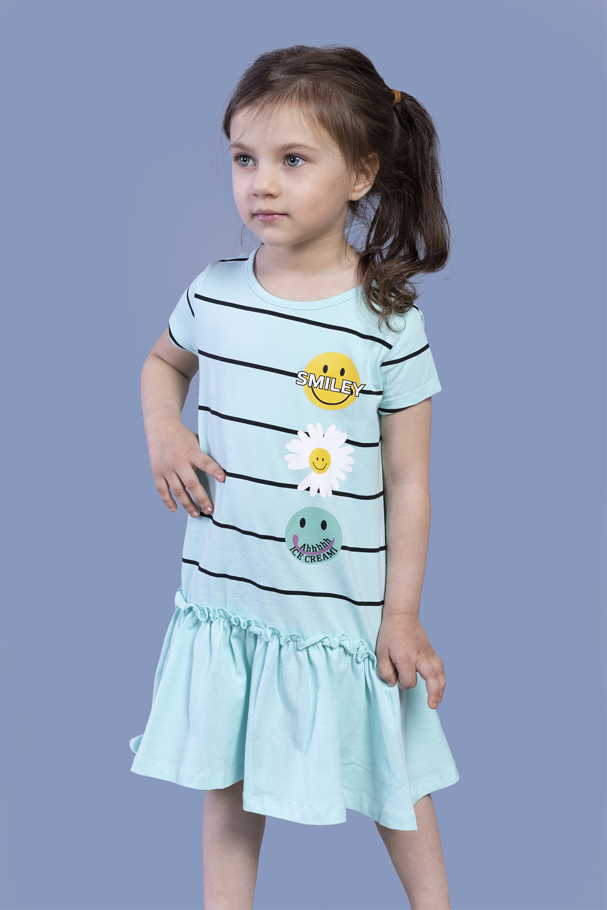 Toontoy Kız Çocuk Çizgi Desenli Büzgülü Elbise