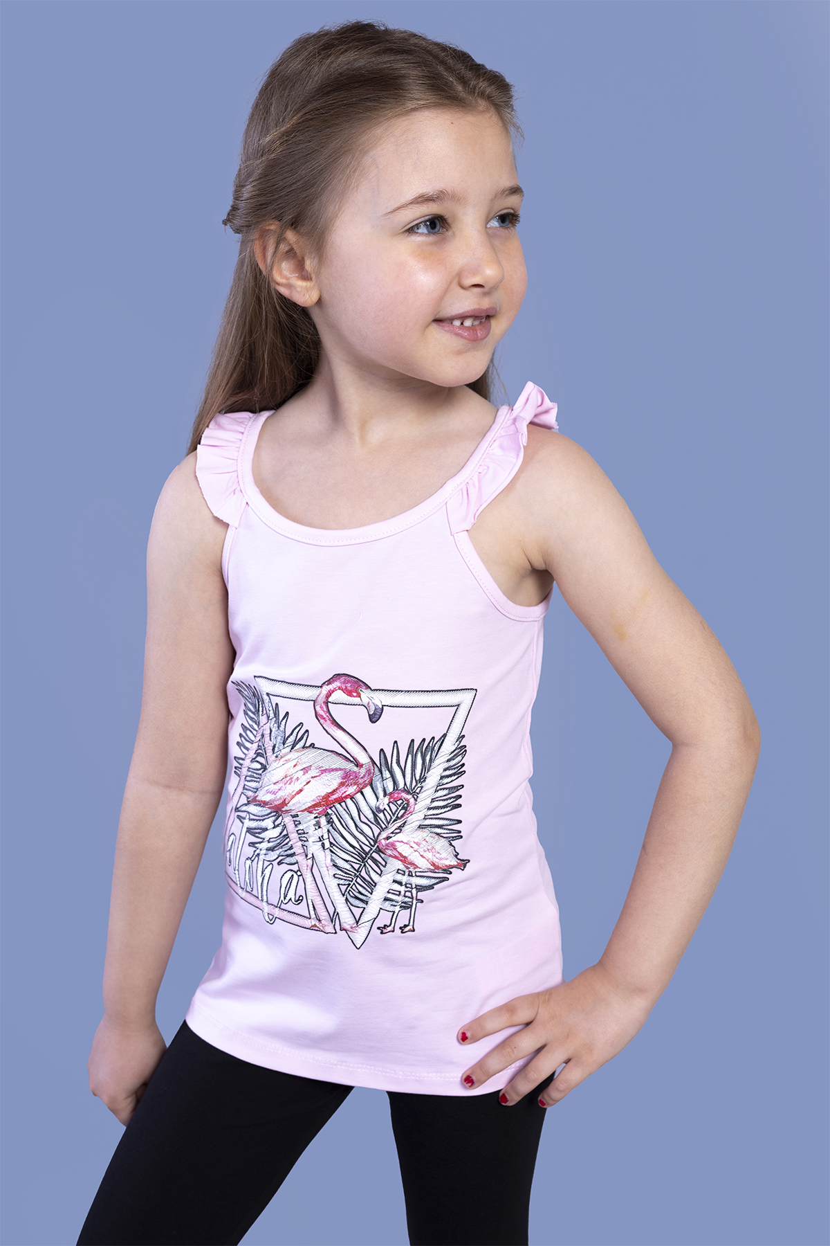 Toontoy Kız Çocuk Fırfır Detaylı Flamingo Kabartma Baskılı Atlet