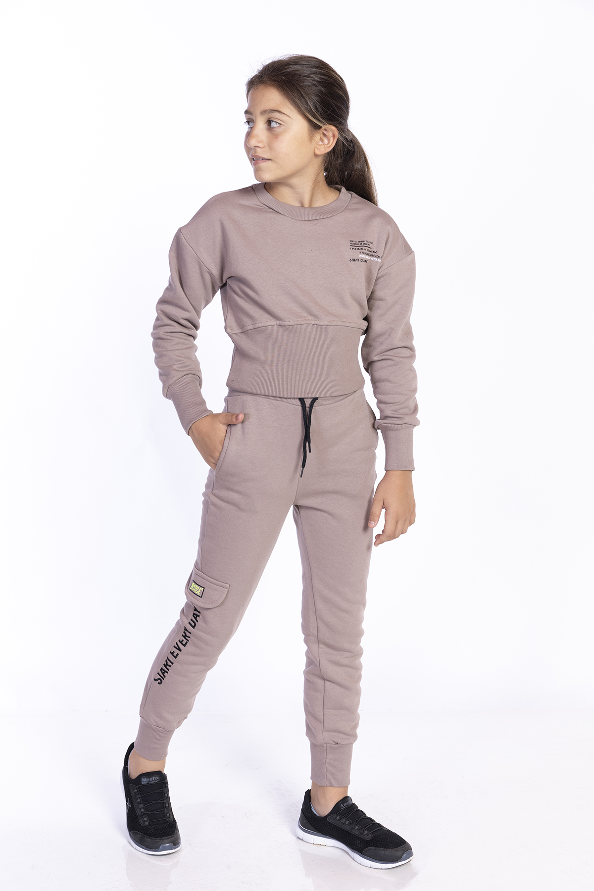 Toontoy Kız Çocuk Bisiklet Yaka Düşük Kol Crop Eşofman Takım