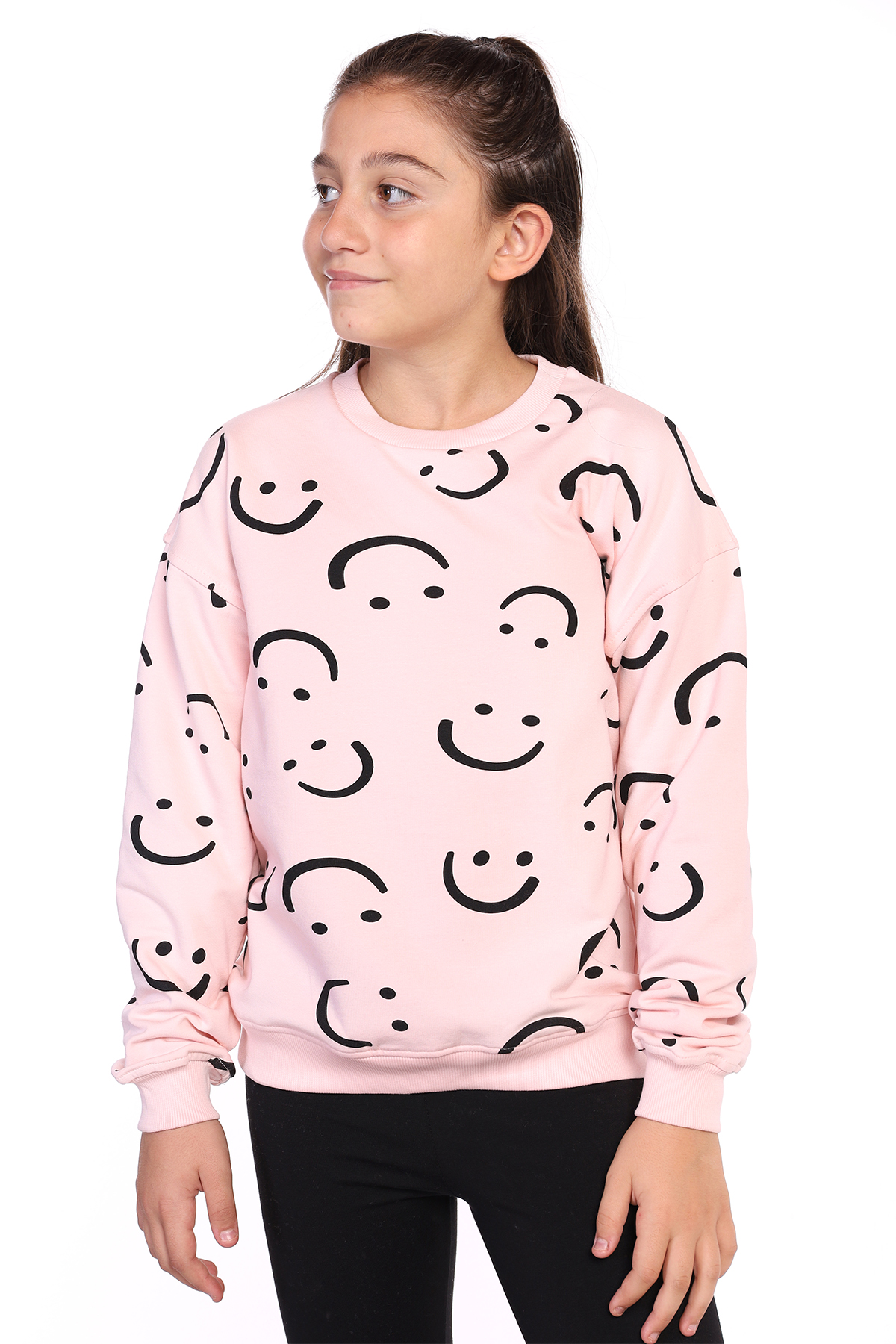 Toontoy Kız Çocuk Komple Gülen İfade Baskılı Sweatshirt