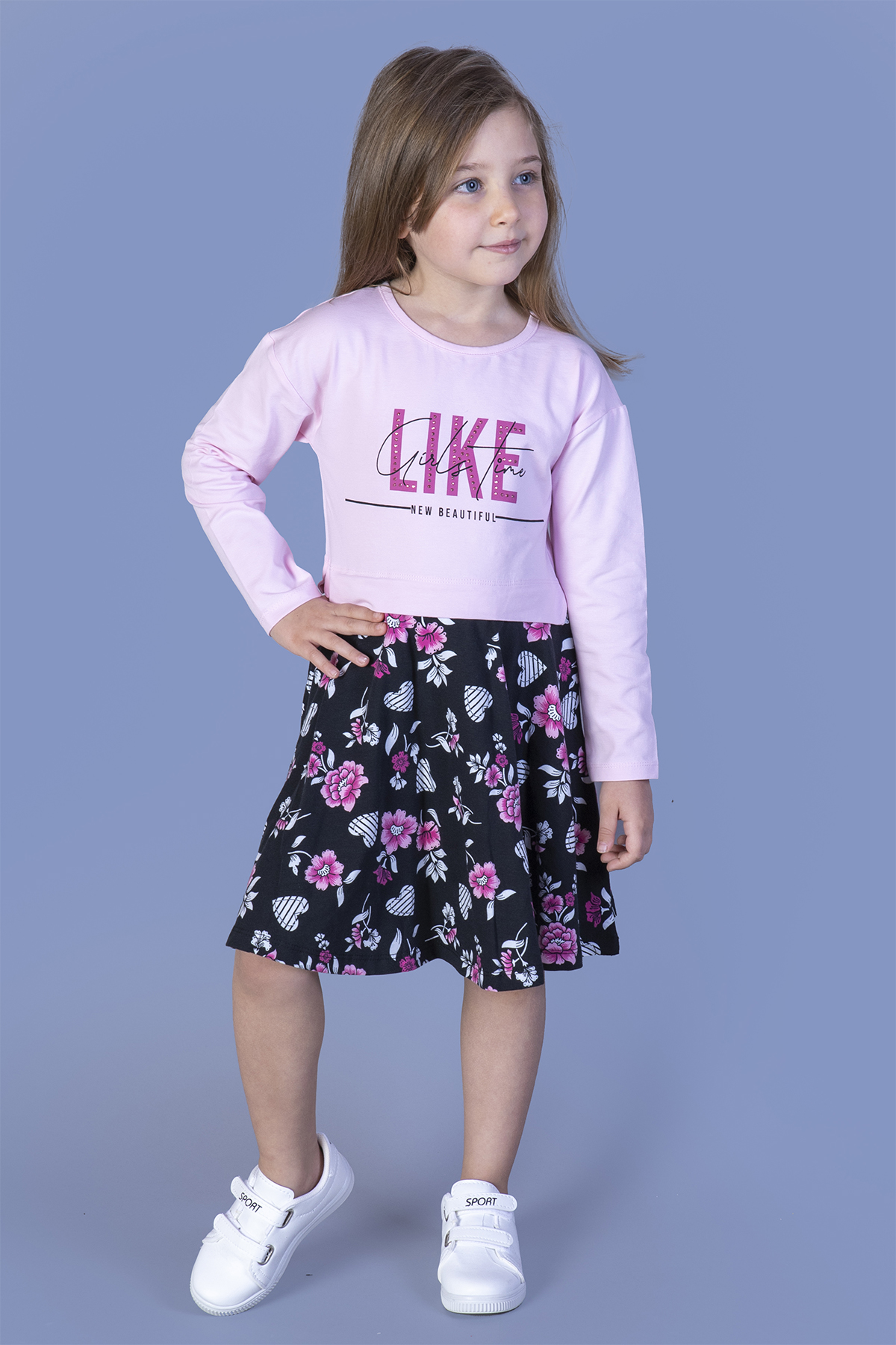 Toontoy Kız Çocuk Lıke Baskılı Eteği Desenli Elbise