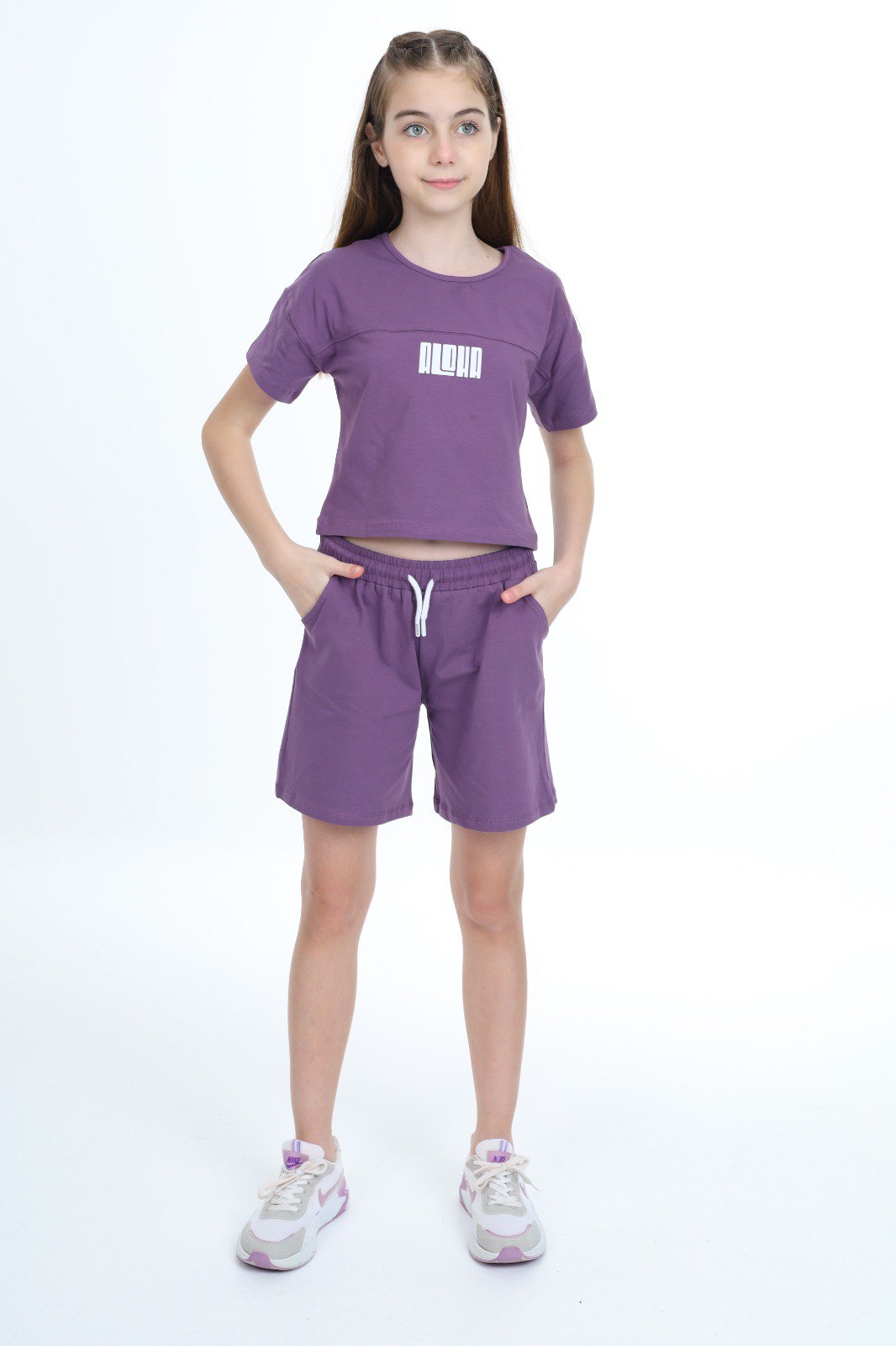 Toontoy  Kız Çocuk Crop Aloha Yazı Baskılı Şortlu Takım