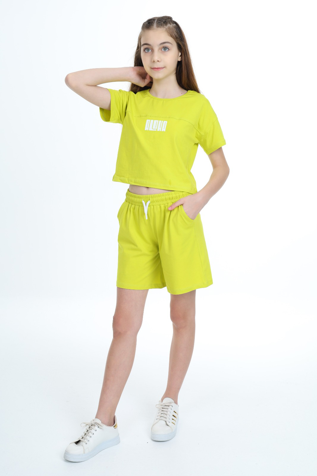 Toontoy  Kız Çocuk Crop Aloha Yazı Baskılı Şortlu Takım