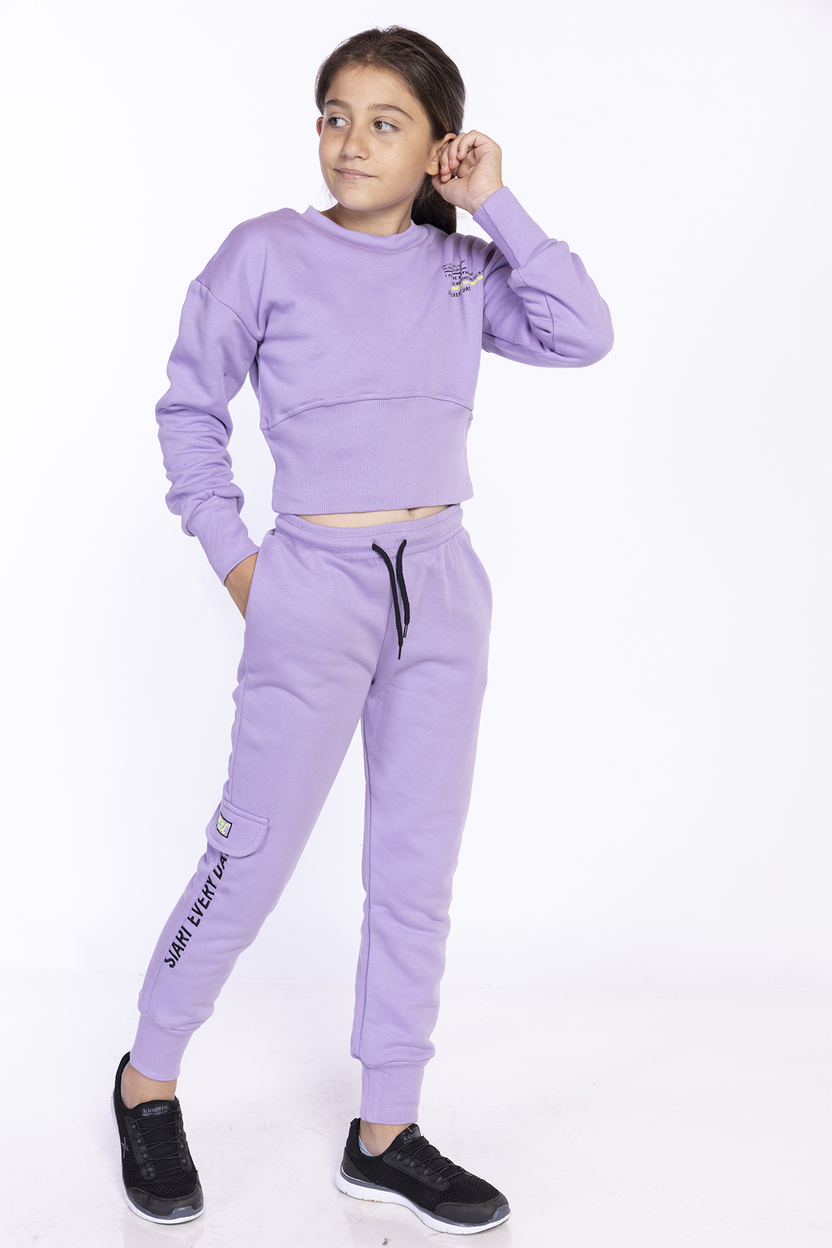 Toontoy Kız Çocuk Bisiklet Yaka Düşük Kol Crop Eşofman Takım