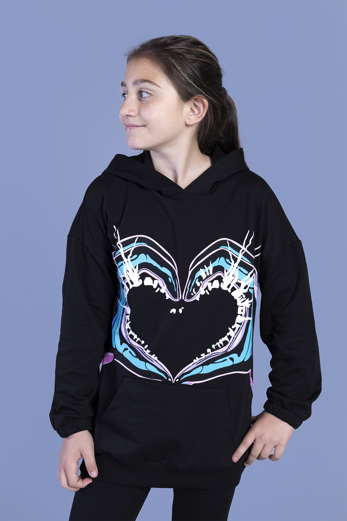 Toontoy Kız Çocuk Kapüşonlu Kanguru Cepli Baskılı Sweatshirt