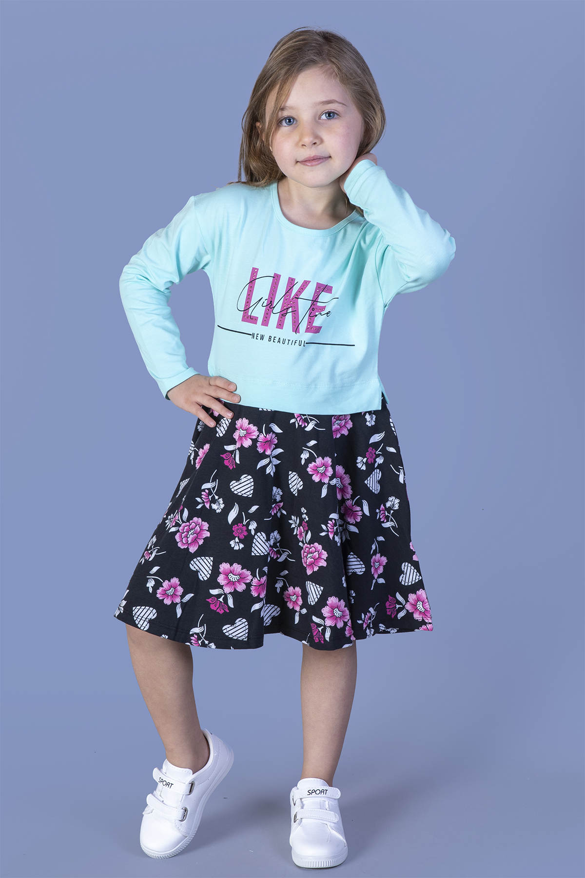 Toontoy Kız Çocuk Lıke Baskılı Eteği Desenli Elbise