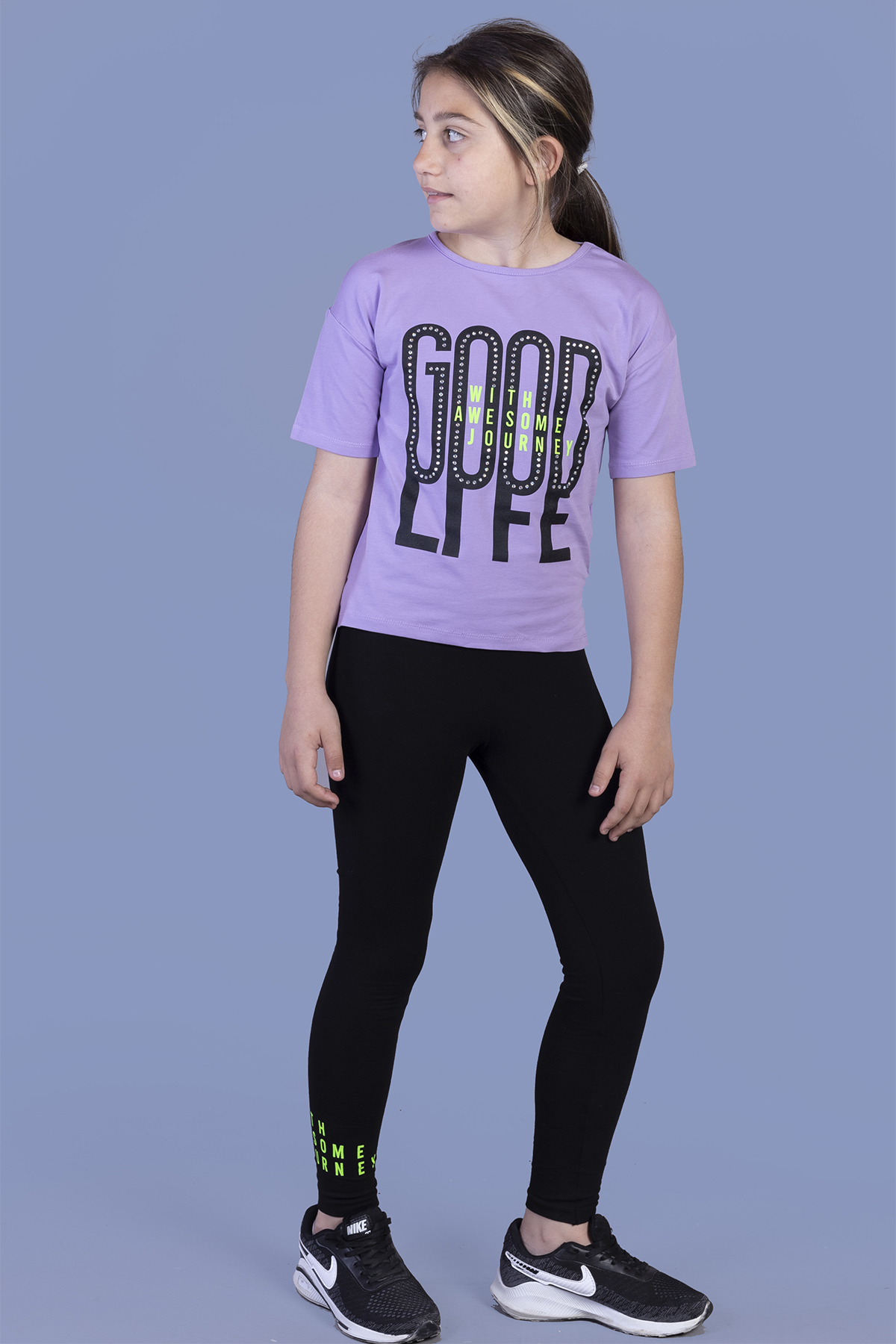 Toontoy Kız Çocuk Baskılı Taş İşlemeli Taytlı Takım