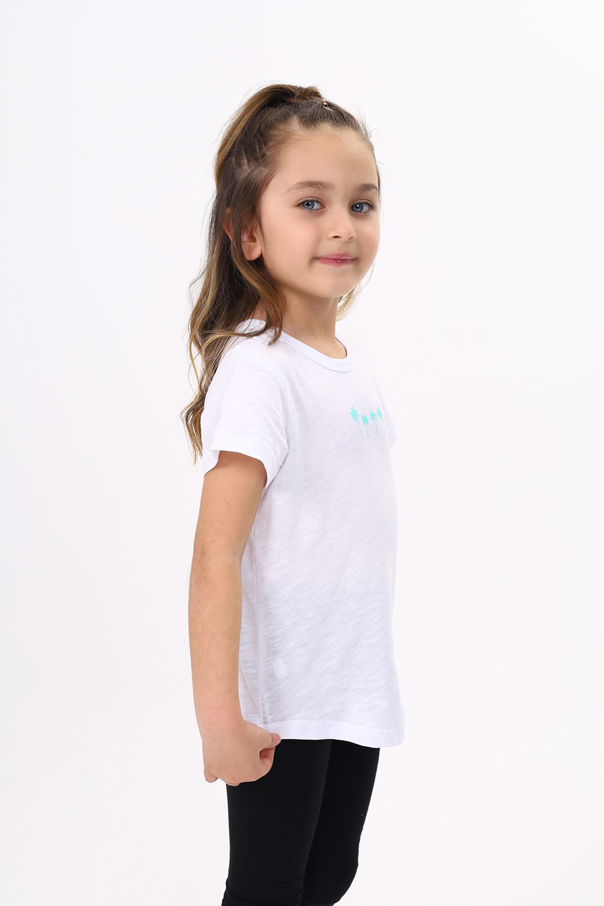 Toontoy Kız Çocuk  Palmiye Baskılı  Düz Tişört