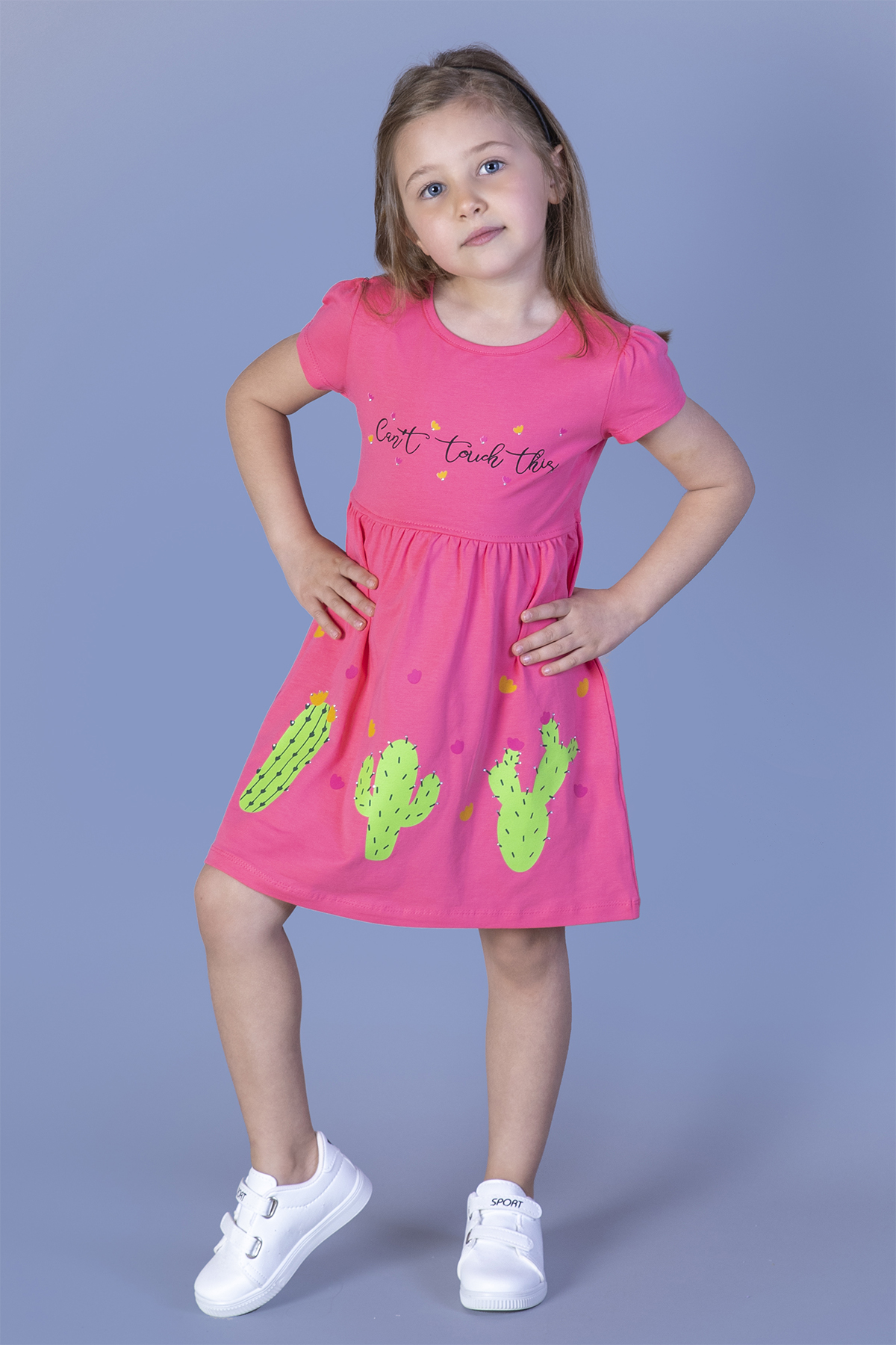 Toontoy Kız Çocuk Kaktüs Baskılı Büzgülü Elbise