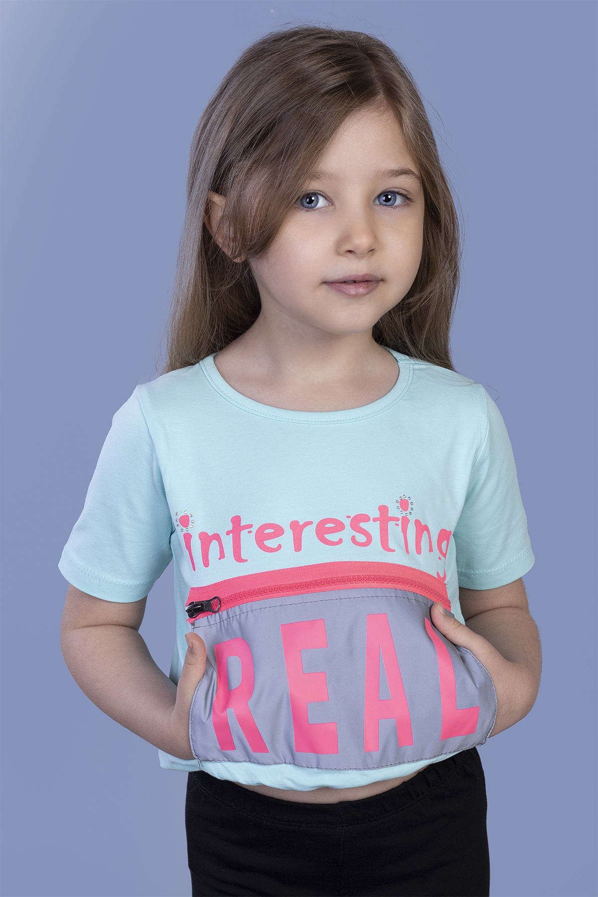 Toontoy Kız Çocuk Crop Model Cebi Reflektör Detaylı Baskılı Tişör