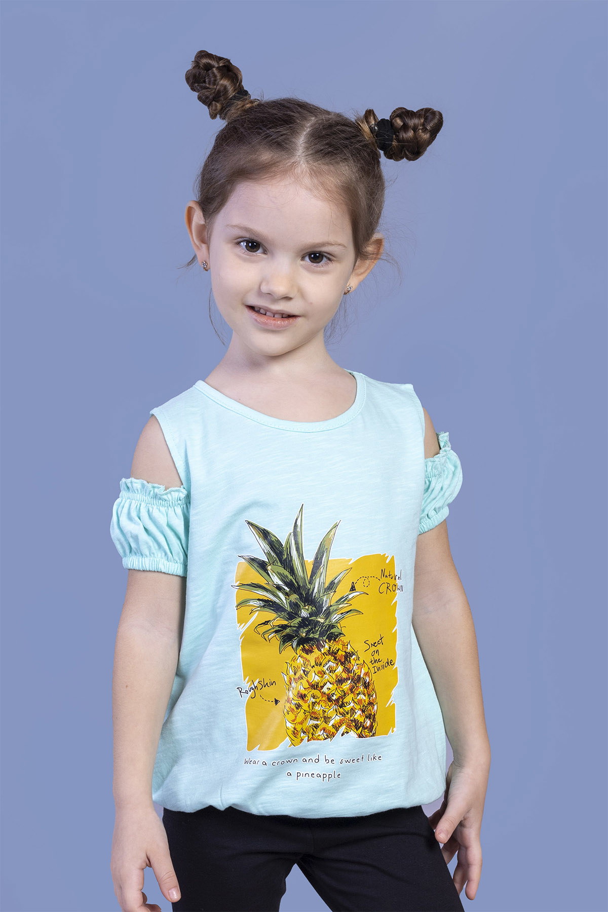 Toontoy  Kiz Çocuk Kollari Detayli  Ananas Baskili Tişört