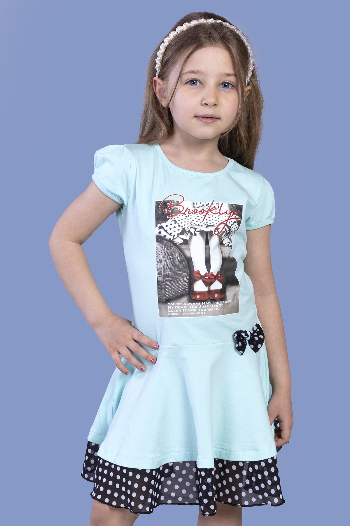 Toontoy Kız Çocuk Puantiyeli Tül Detaylı Dijital Baskılı Elbise