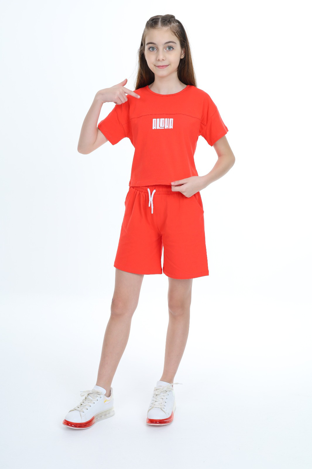 Toontoy  Kız Çocuk Crop Aloha Yazı Baskılı Şortlu Takım