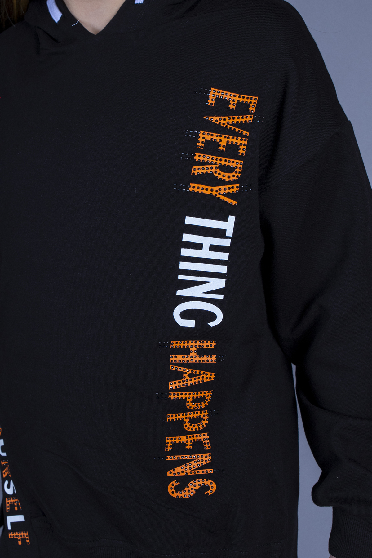 Toontoy Kız Çocuk Kapüşonlu Yırtmaç Detaylı Baskılı Sweatshirt