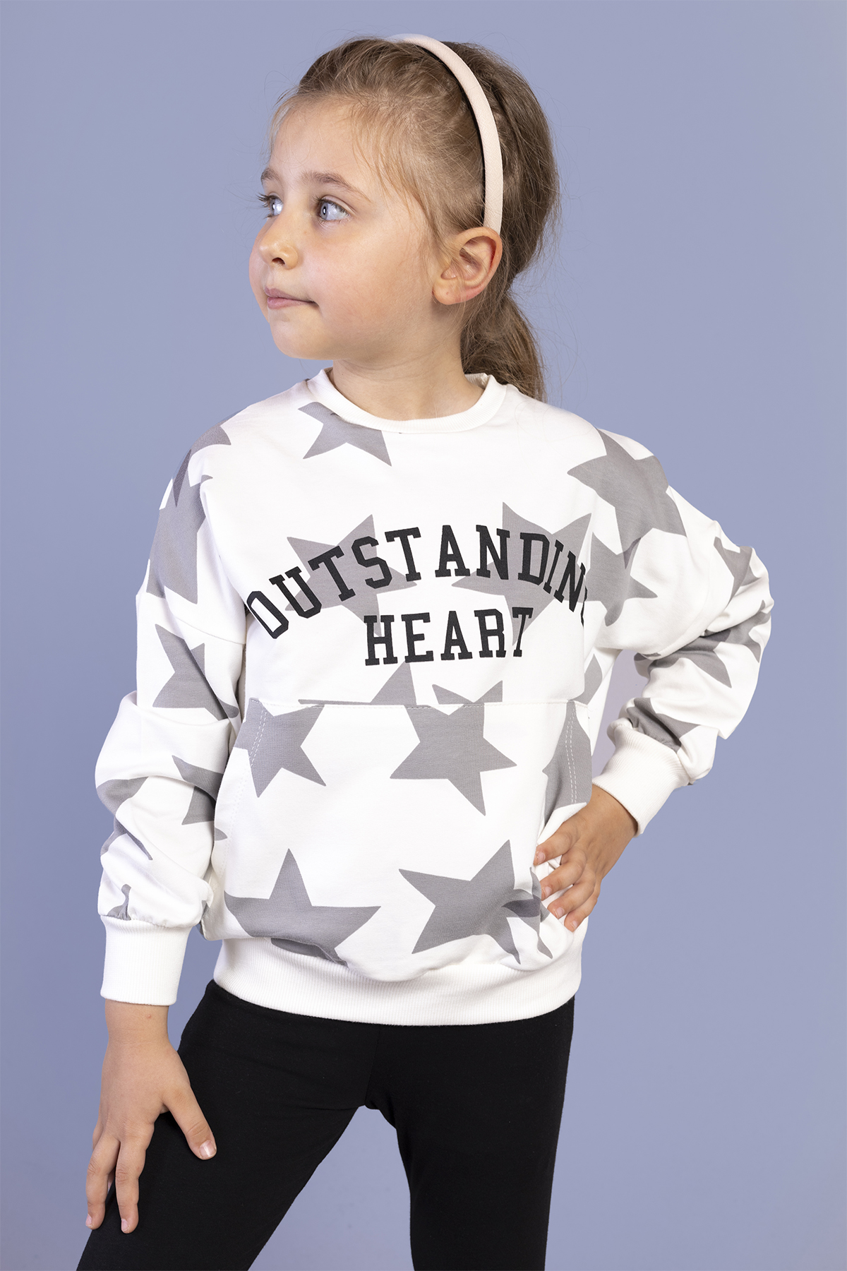 Toontoy Kız Çocuk Kanguru Cepli Komple Yıldız Baskılı Sweatshirt
