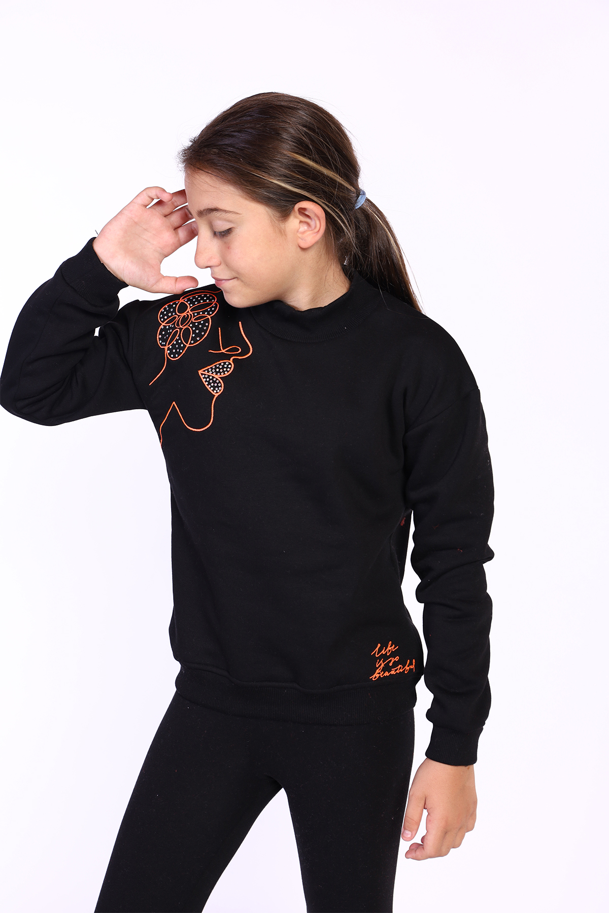 Toontoy Kız Çocuk Nakışlı Taş İşlemeli Balıkçı Yaka Sweatshirt