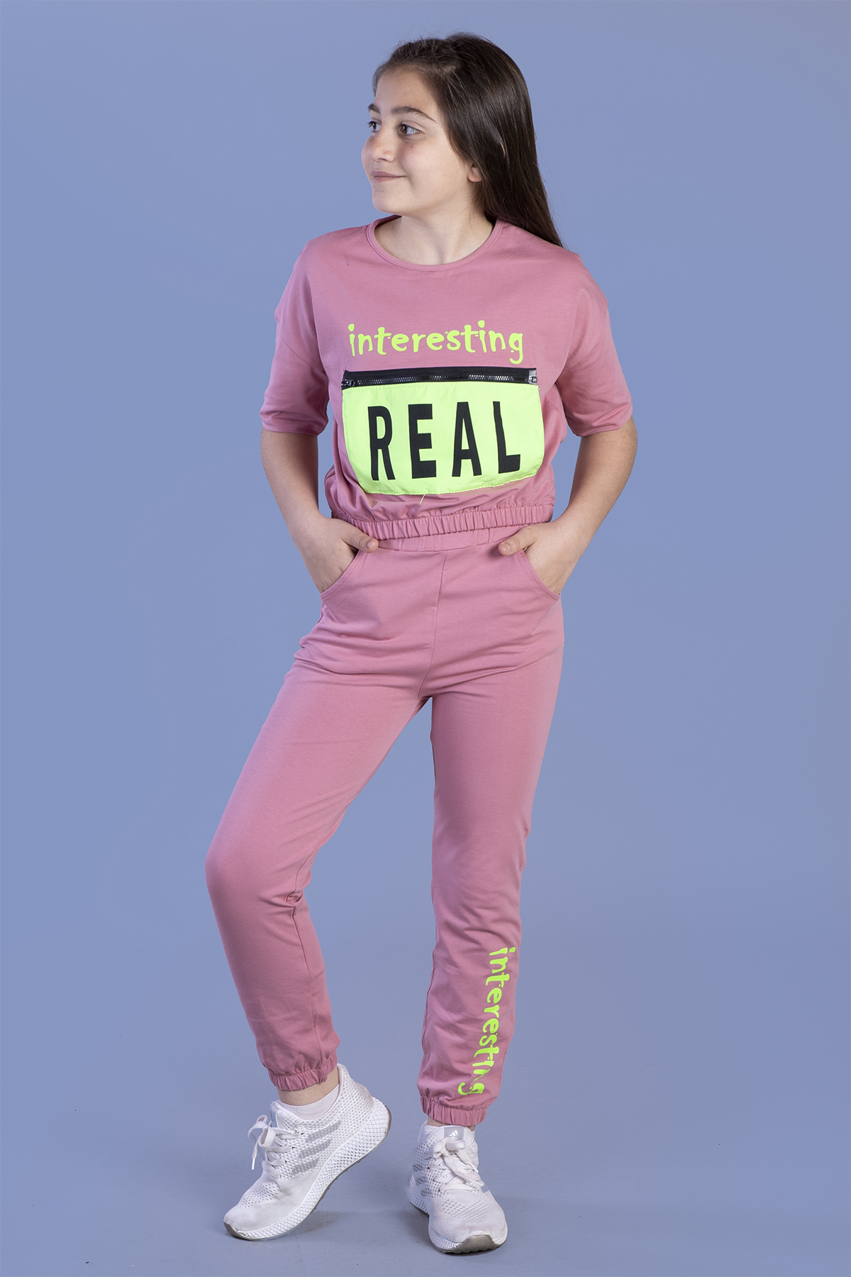 Toontoy Kız Çocuk Crop Model Cep Detaylı Baskılı Eşofman Takımı