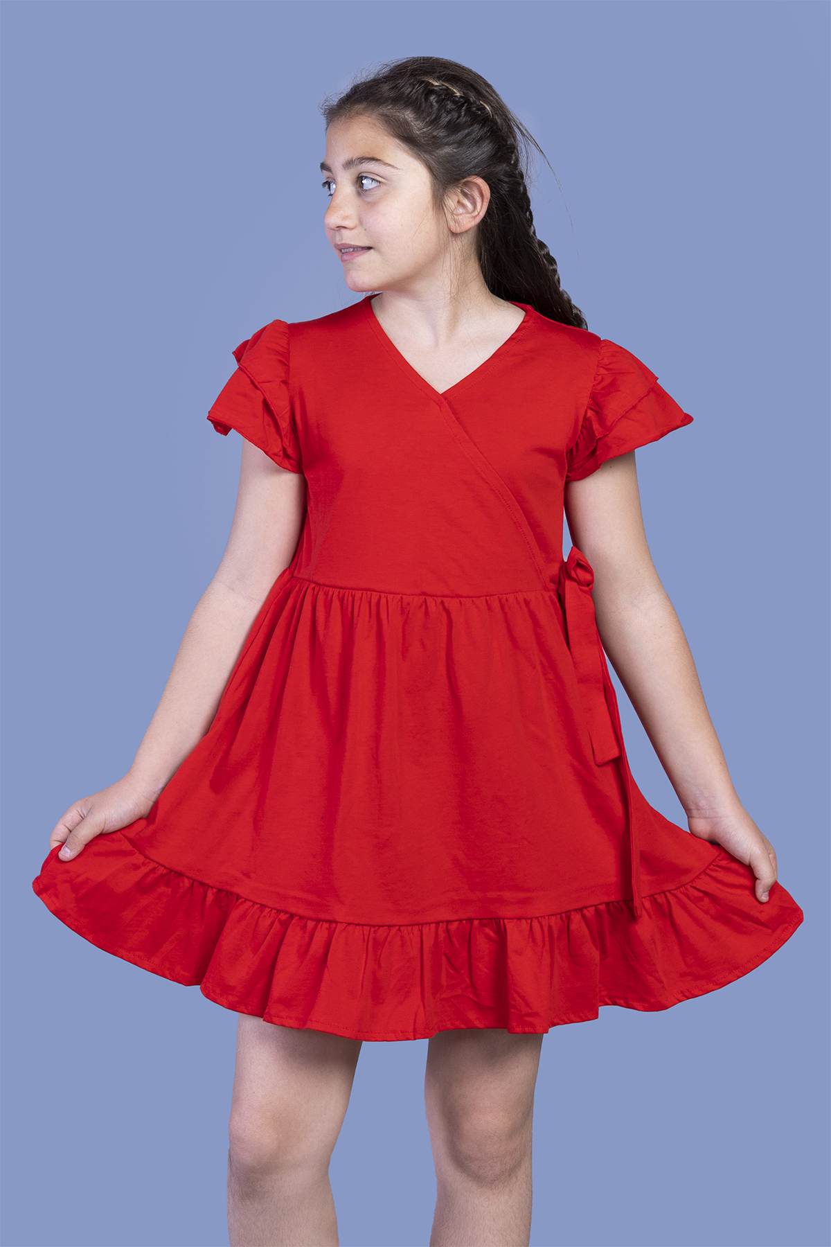 Toontoy Kız Çocuk Yandan Bağlama Detaylı Kruvaze Elbise