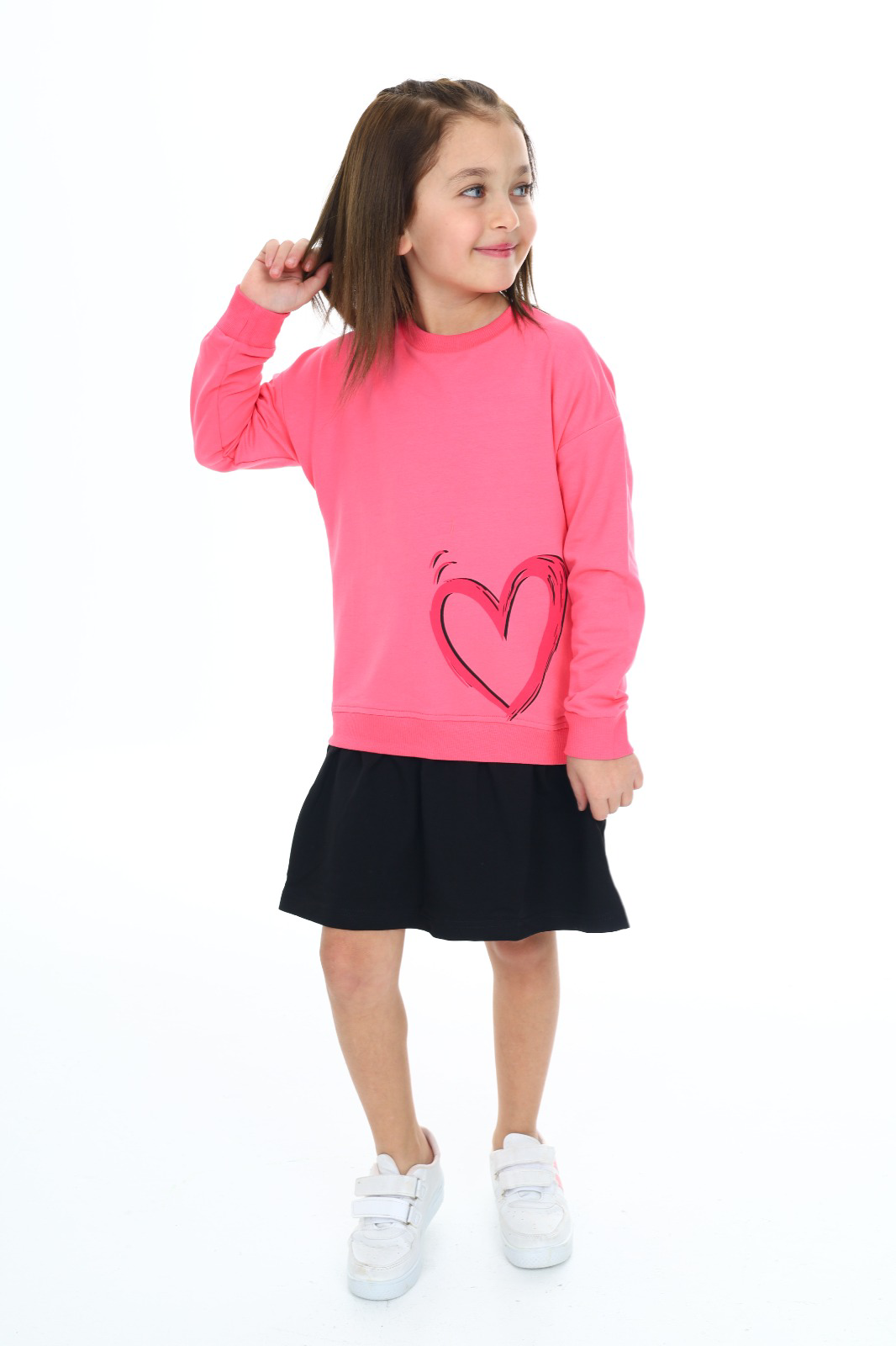 Toontoy Kız Çocuk  Eteği Kadife Kalp Baskılı Elbise