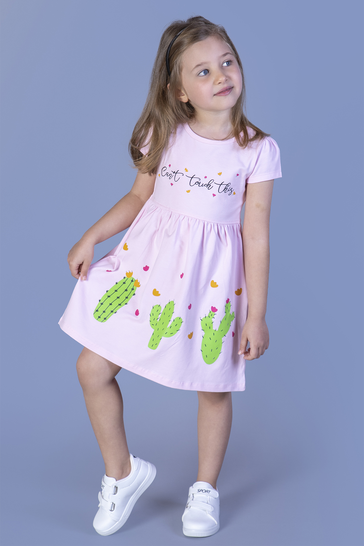 Toontoy Kız Çocuk Kaktüs Baskılı Büzgülü Elbise