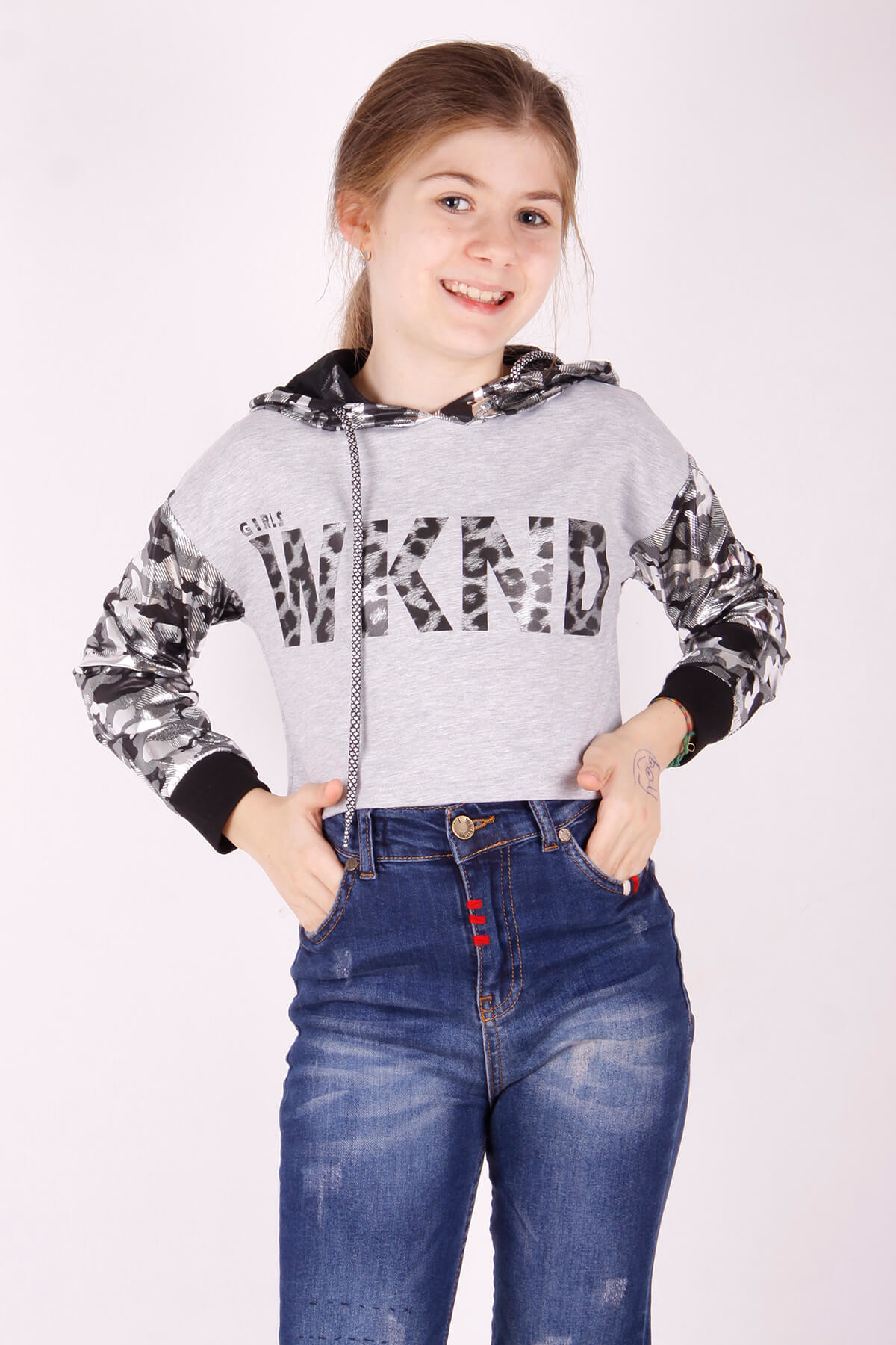 Toontoy Kız Çocuk Kamuflaj Desenli Kapşonlu Sweatshirt