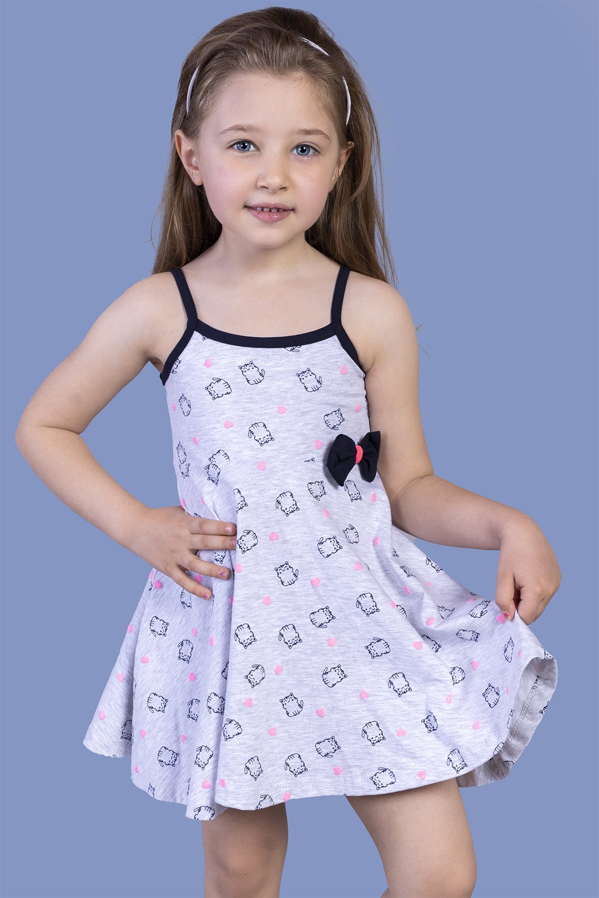 Toontoy Kız Çocuk Kedi Desenli Fiyonk Detaylı Volanlı Elbise