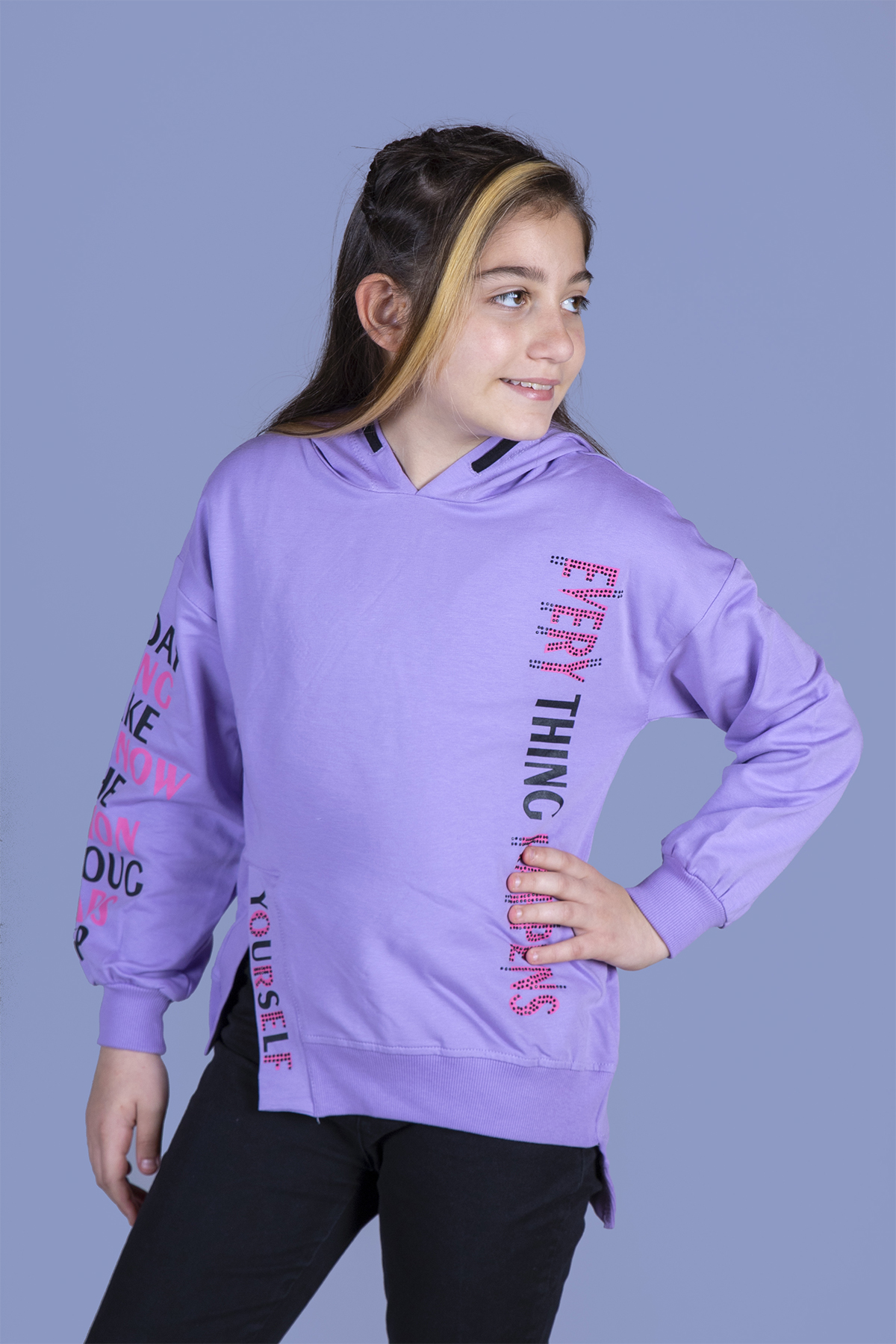 Toontoy Kız Çocuk Kapüşonlu Yırtmaç Detaylı Baskılı Sweatshirt