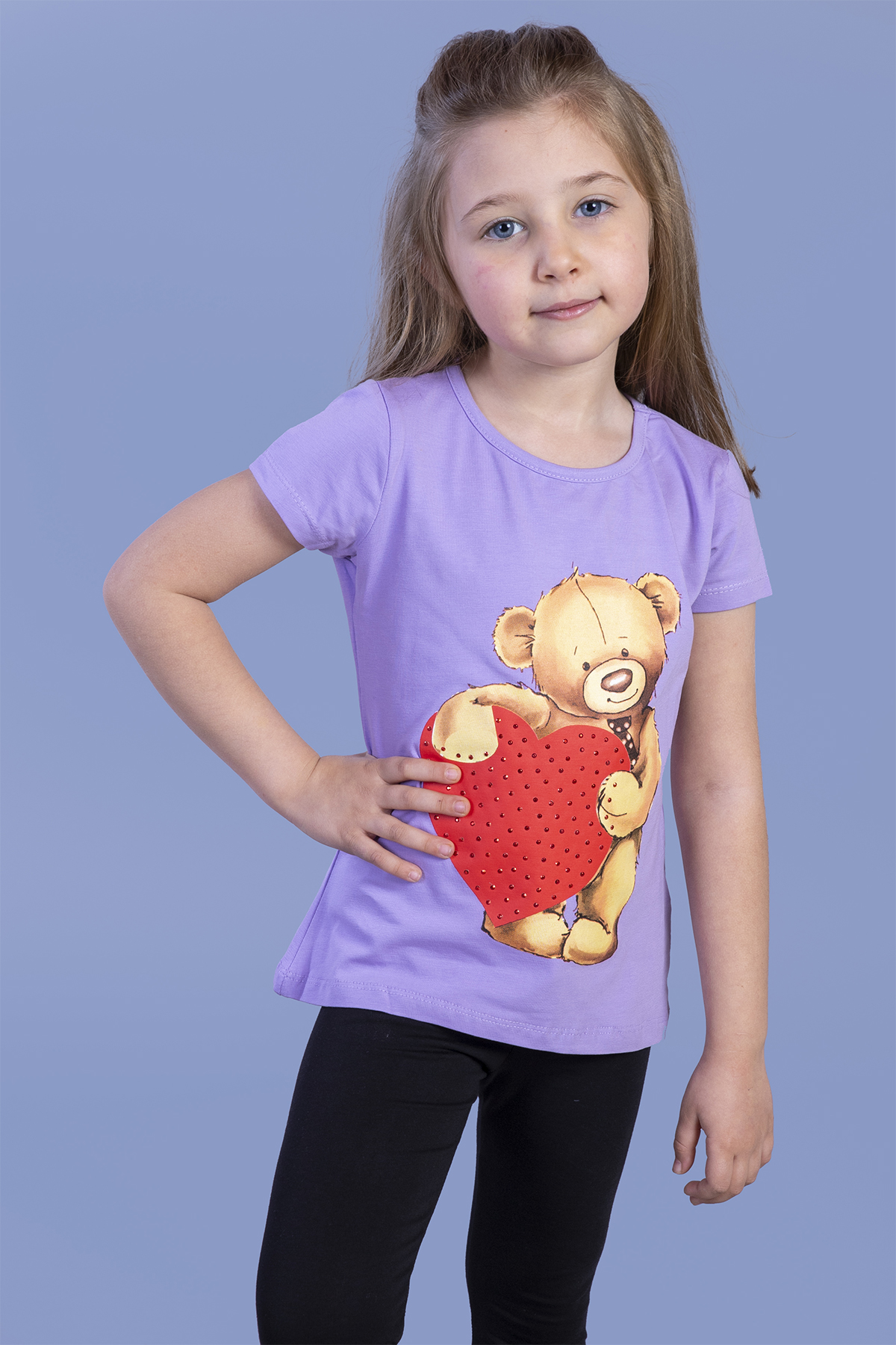 Toontoy  Kiz Çocuk Kalpli Ayicik Baskili Taş İşlemeli Tişört