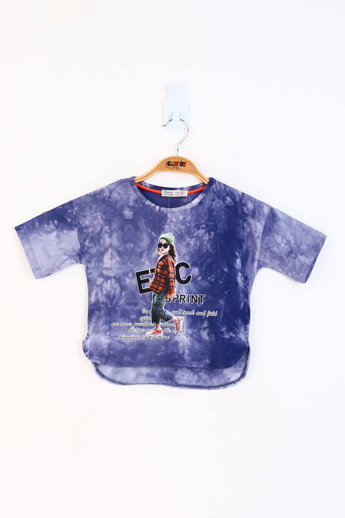 Toontoy Kız Çocuk Batik Desenli Düşük Kol Baskılı Tişört