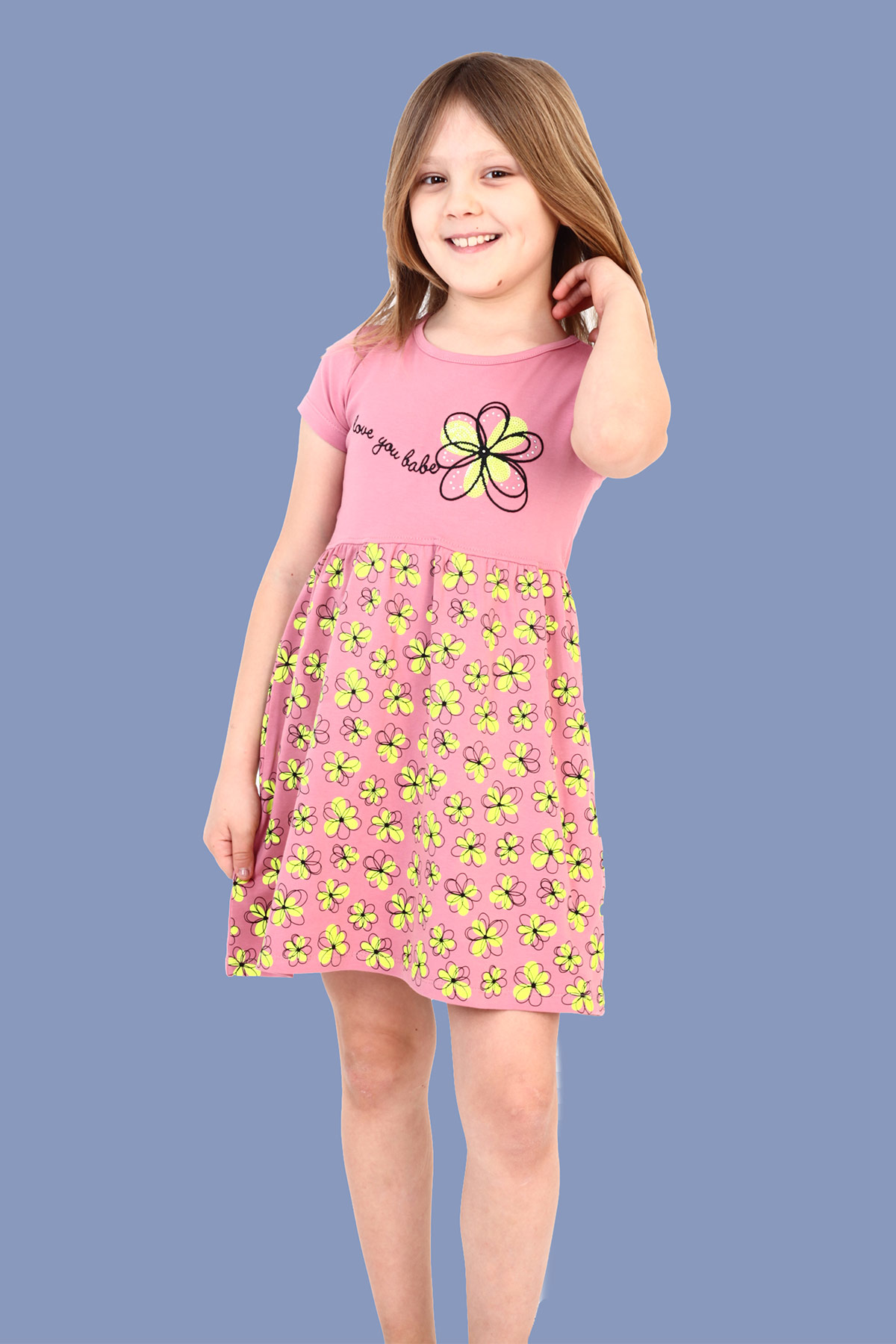 Toontoy Kız Çocuk Çiçek Desenli Yazı Nakışlı Pullu Taş İşlemeli E