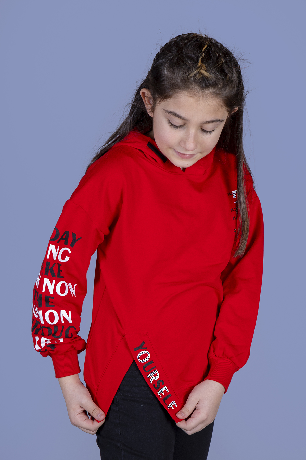 Toontoy Kız Çocuk Kapüşonlu Yırtmaç Detaylı Baskılı Sweatshirt