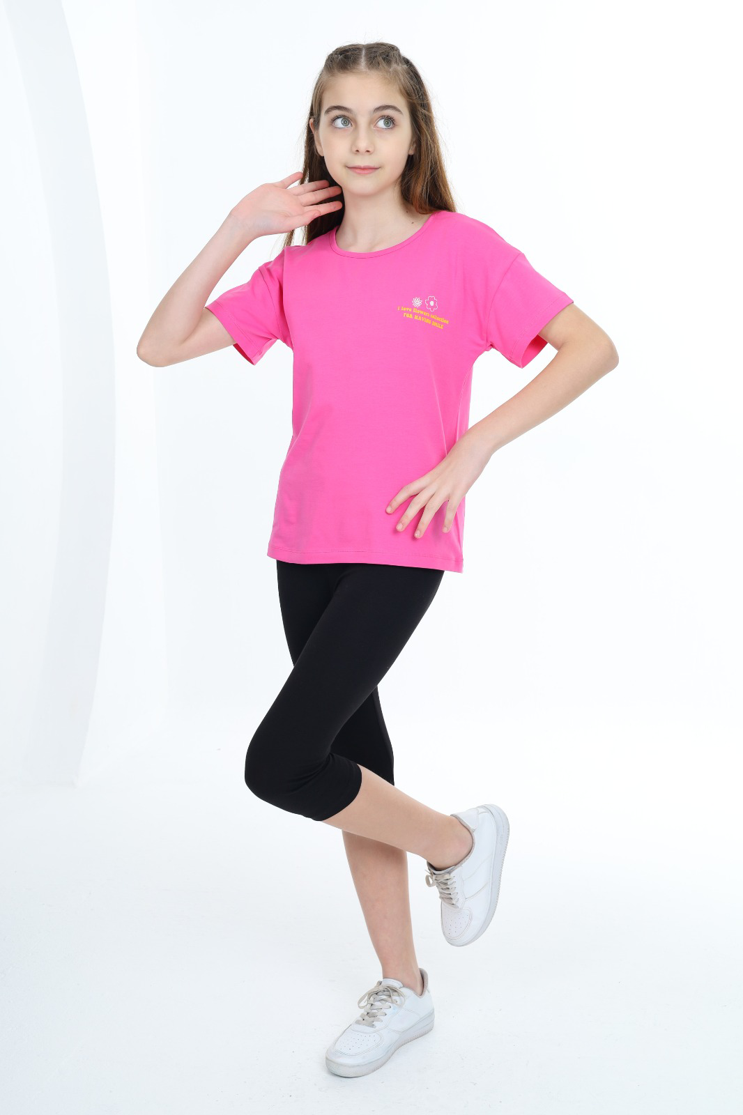 Toontoy Kız Çocuk Göğsü Çiçek Yazı Baskılı Taytlı Takım