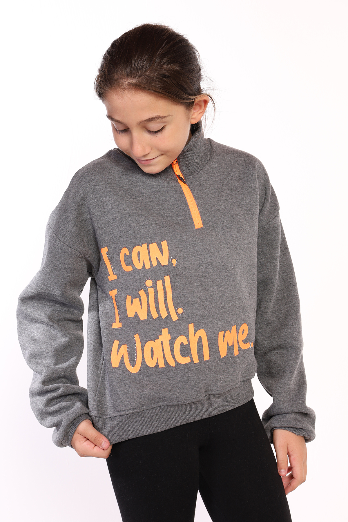 Toontoy Kız Çocuk Dik Yaka Fermuarlı Baskılı Sweatshirt