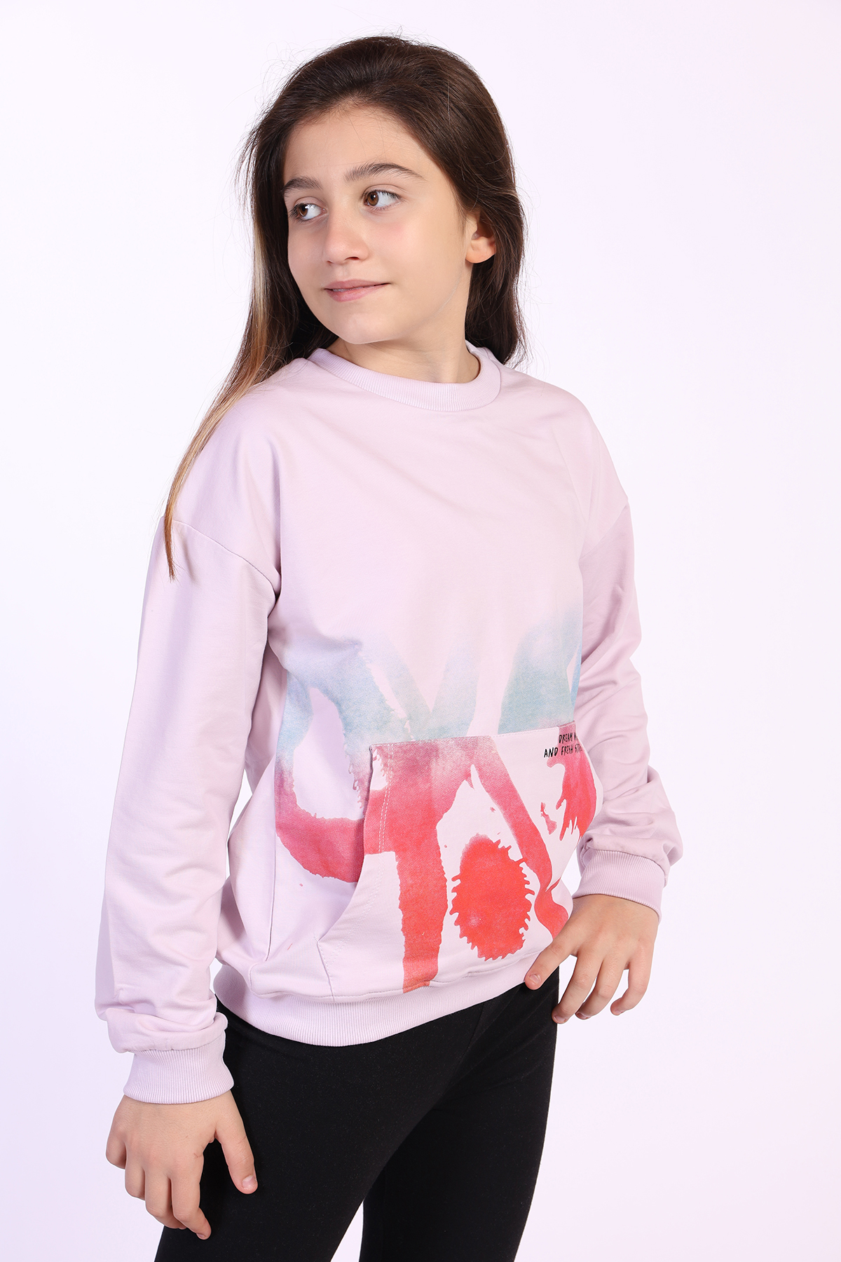 Toontoy Kız Çocuk Cepi Yazı Baskılı Sweatshirt