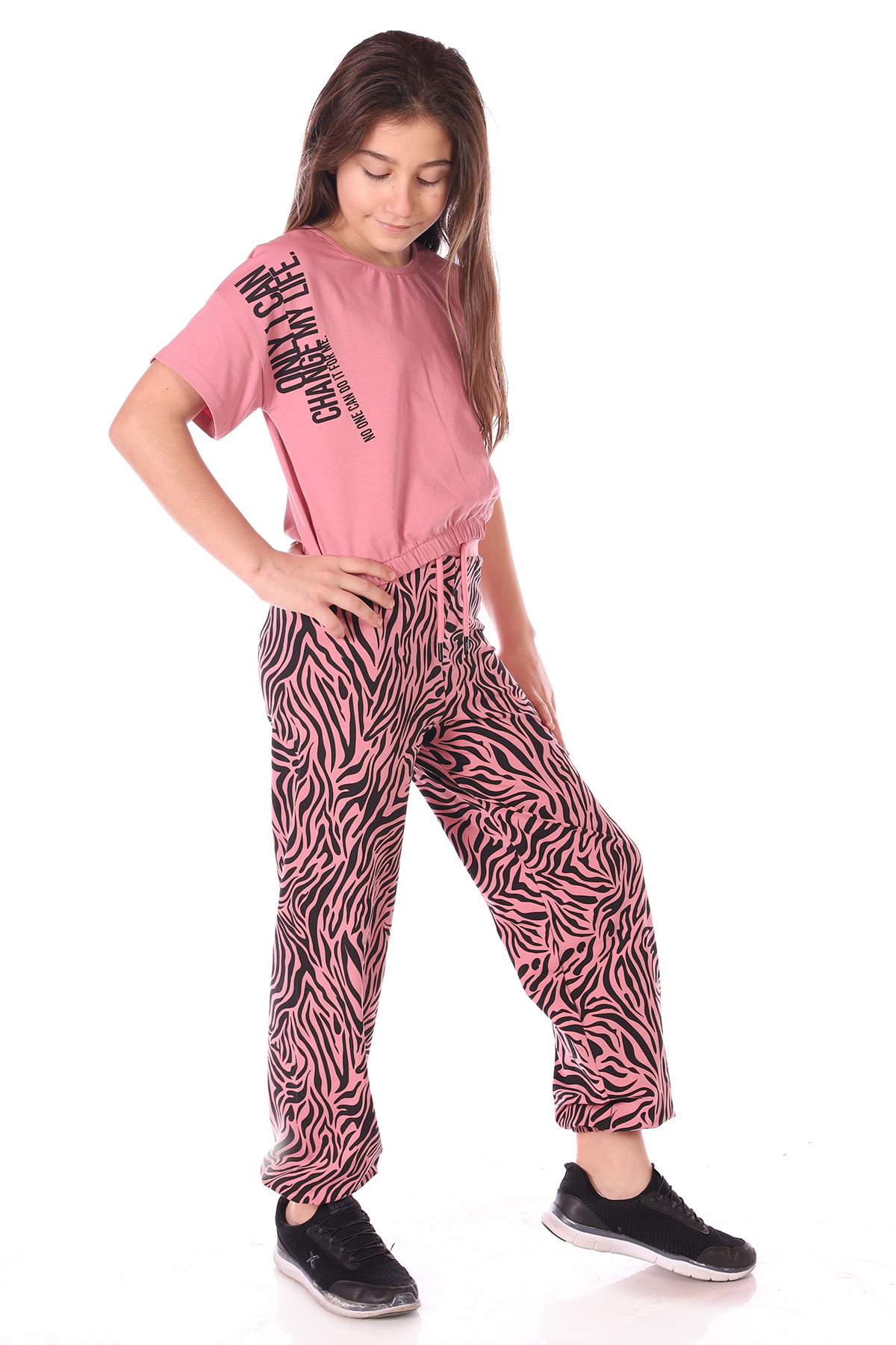 Toontoy Kız Çocuk Only I Can Yazılı Zebra Baskılı Eşofman Takım