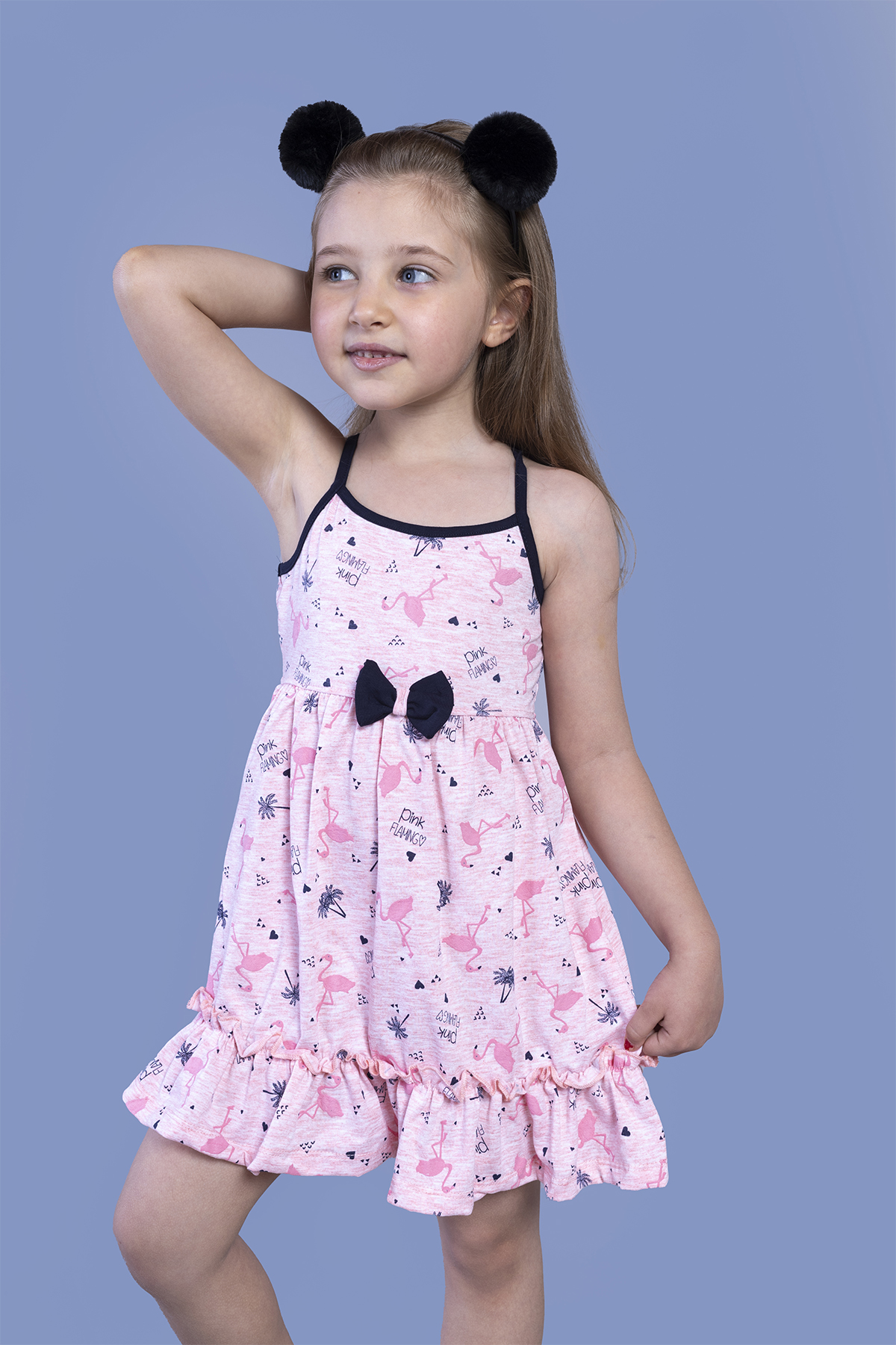 Toontoy Kız Çocuk Flamingo Desenli Büzgü Detaylı Elbise