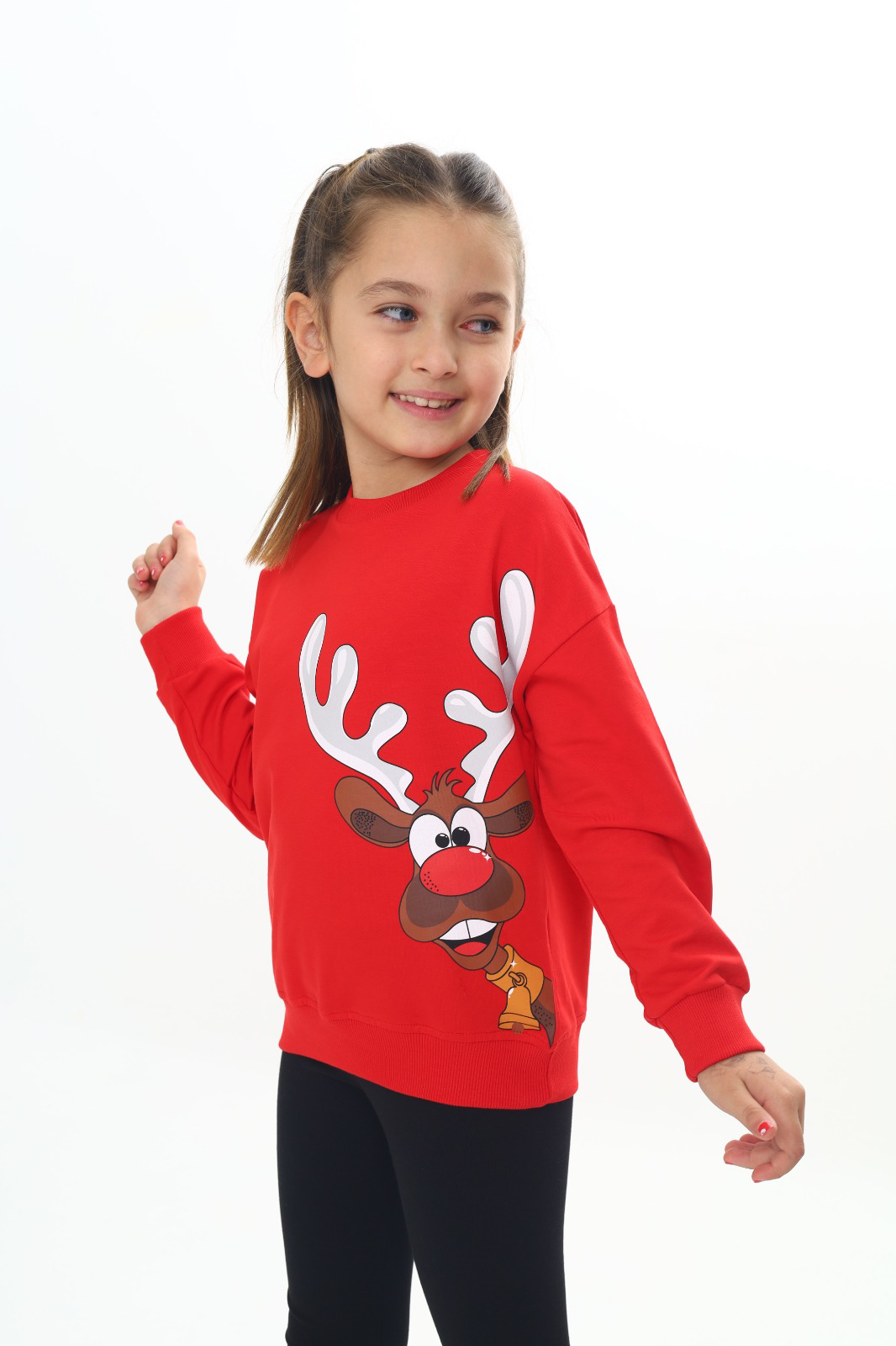 Toontoy Kız Çocuk Noel Baba Geyiği Baskılı Sweatshirt