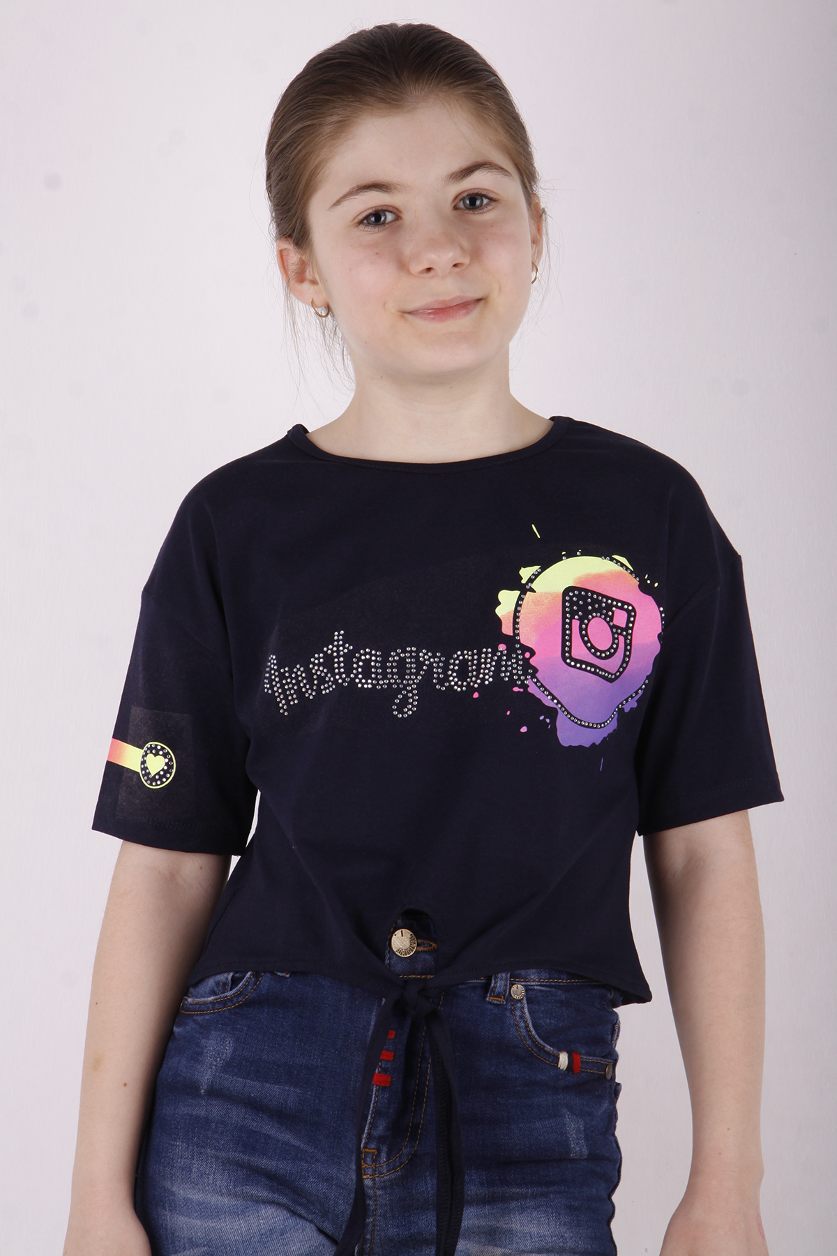 Toontoy Kız Çocuk Instagram Baskılı Göbekten Bağlamalı Tişört