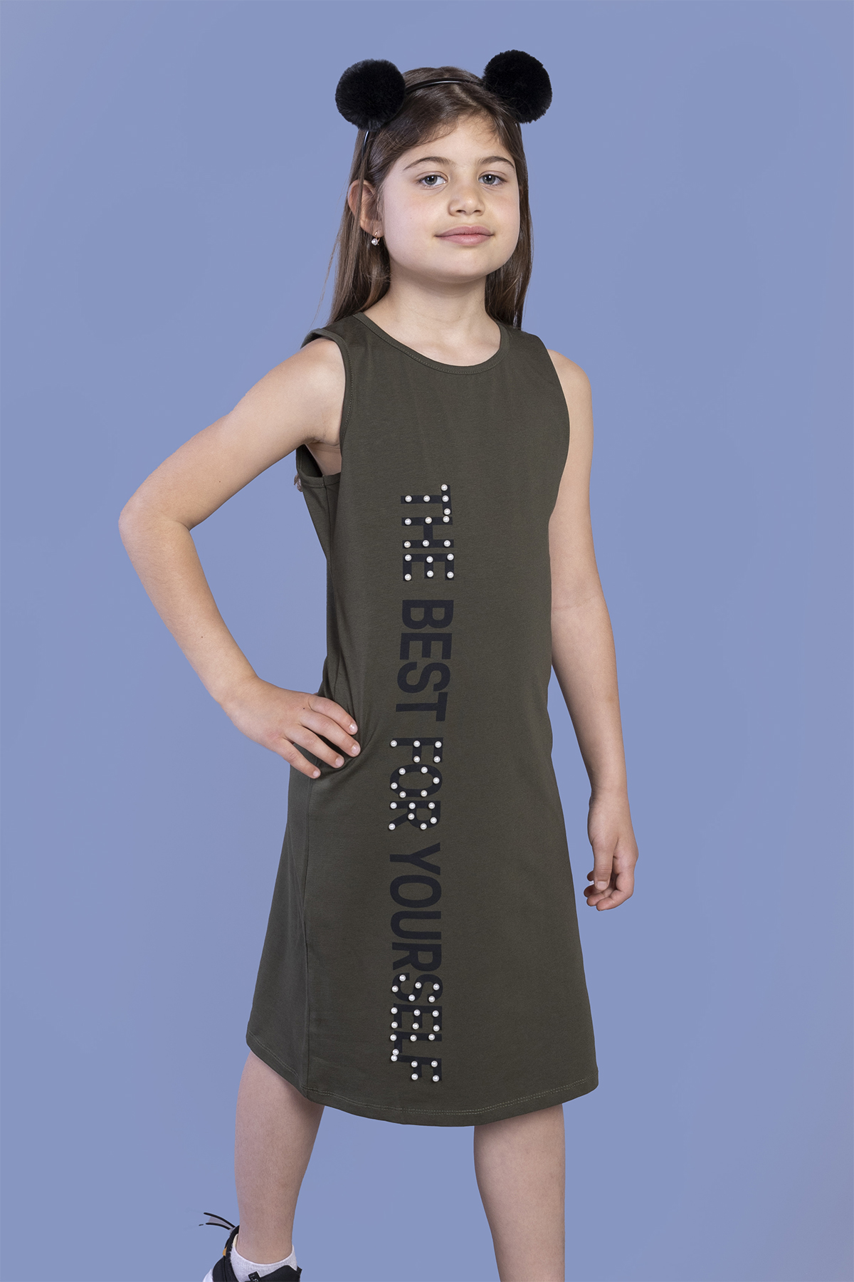 Toontoy Kız Çocuk İnci Detaylı Baskılı Elbise