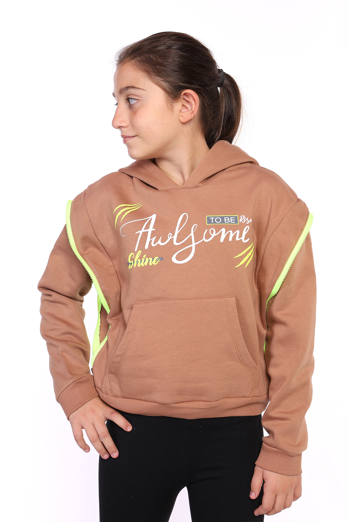 Toontoy Kız Çocuk Kapüşonlu Fermuar Detaylı Baskılı Sweatshirt