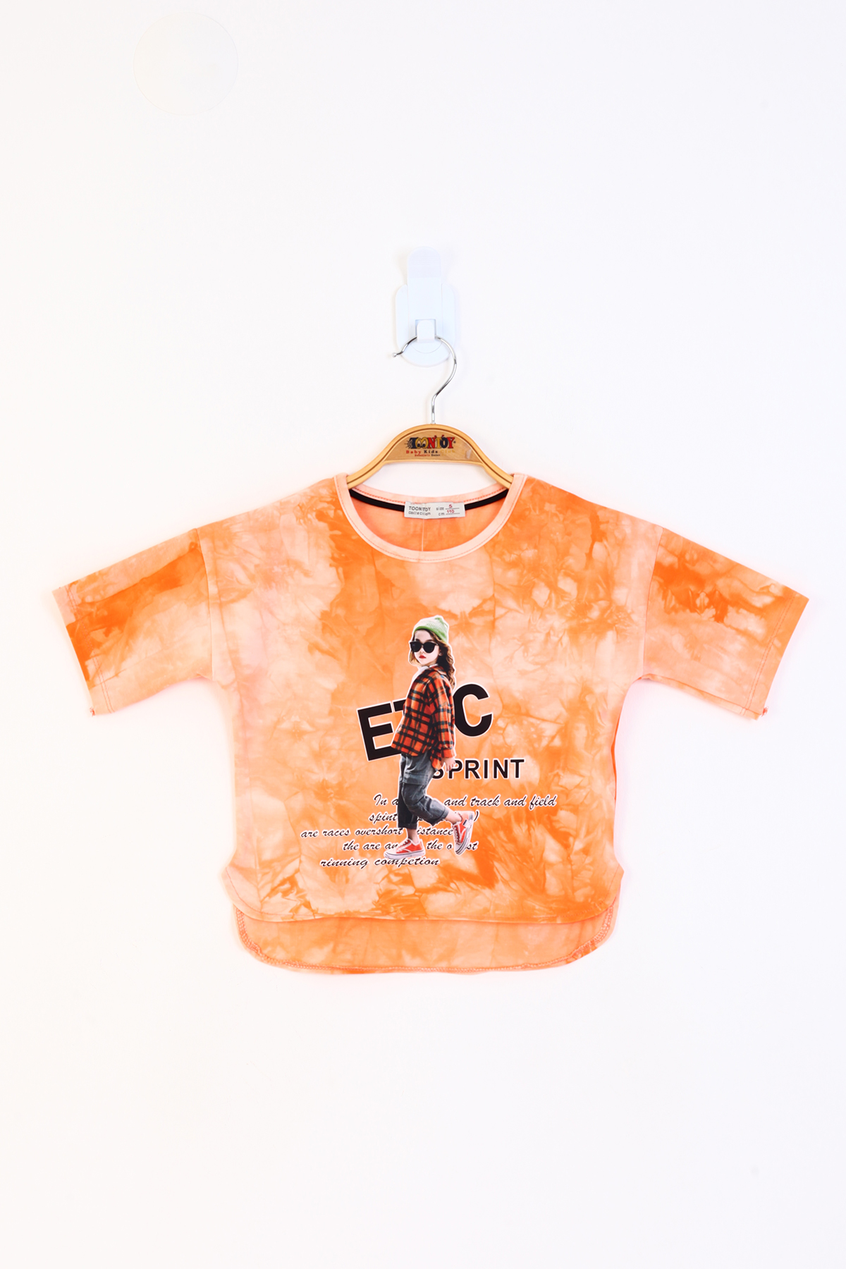 Toontoy Kız Çocuk Batik Desenli Düşük Kol Baskılı Tişört