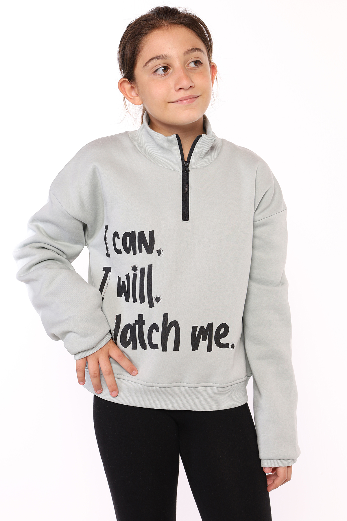Toontoy Kız Çocuk Dik Yaka Fermuarlı Baskılı Sweatshirt