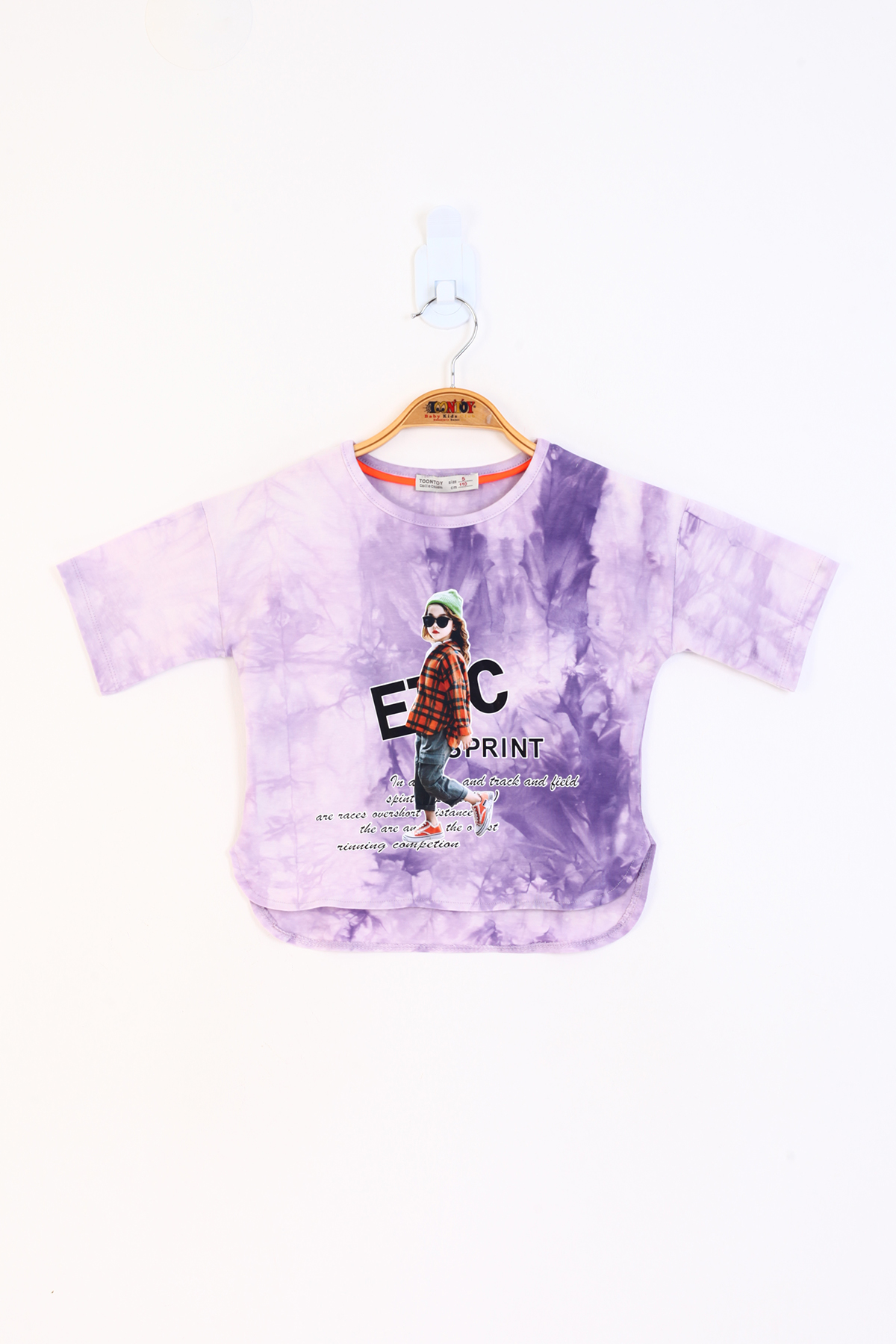 Toontoy Kız Çocuk Batik Desenli Düşük Kol Baskılı Tişört