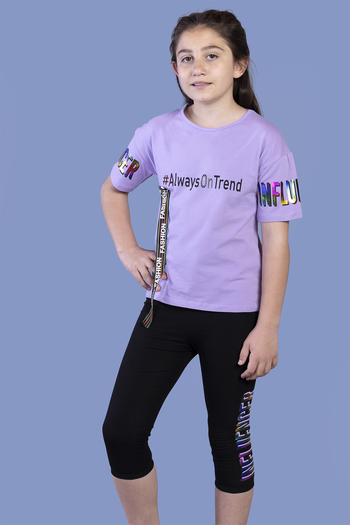 Toontoy  Kız Çocuk Şerit Detaylı Renkli Baskılı Taytlı Takım