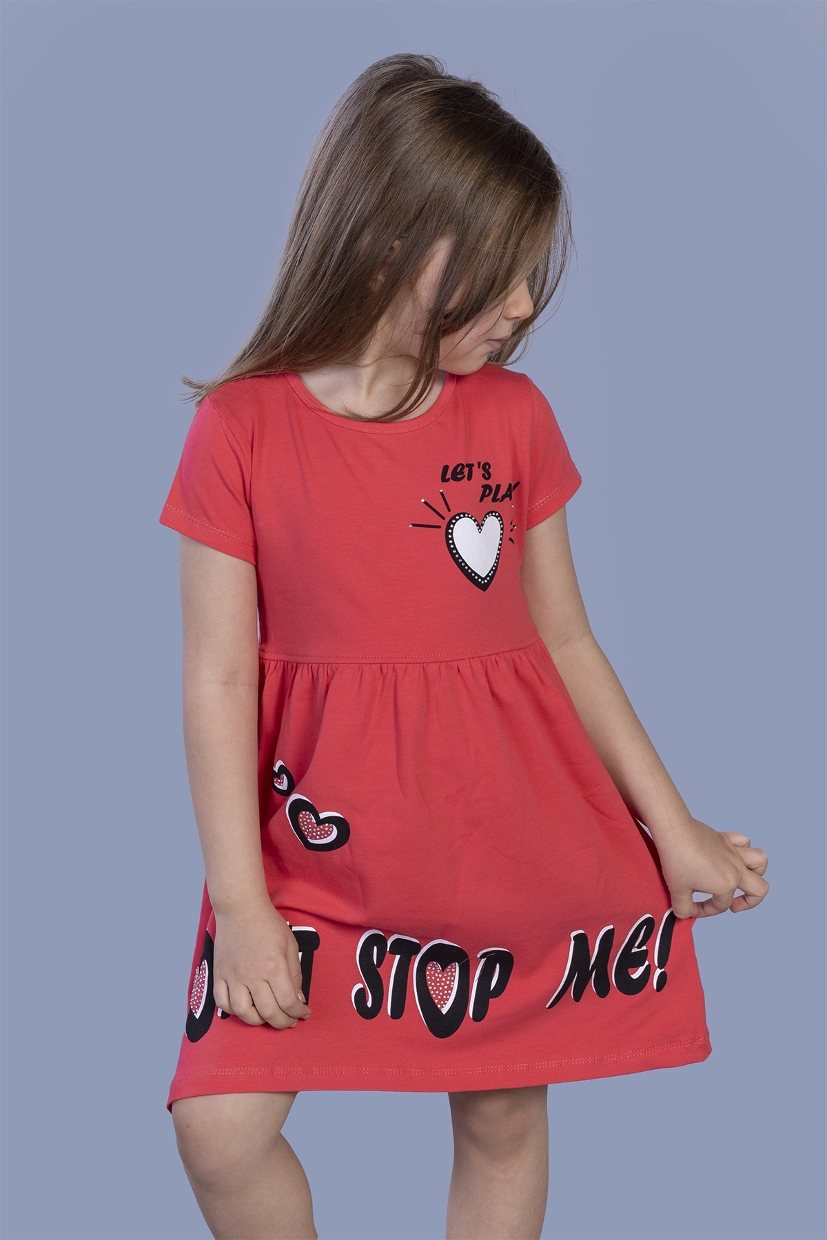 Toontoy Kız Çocuk Kalp Baskılı Taş İşlemeli Elbise