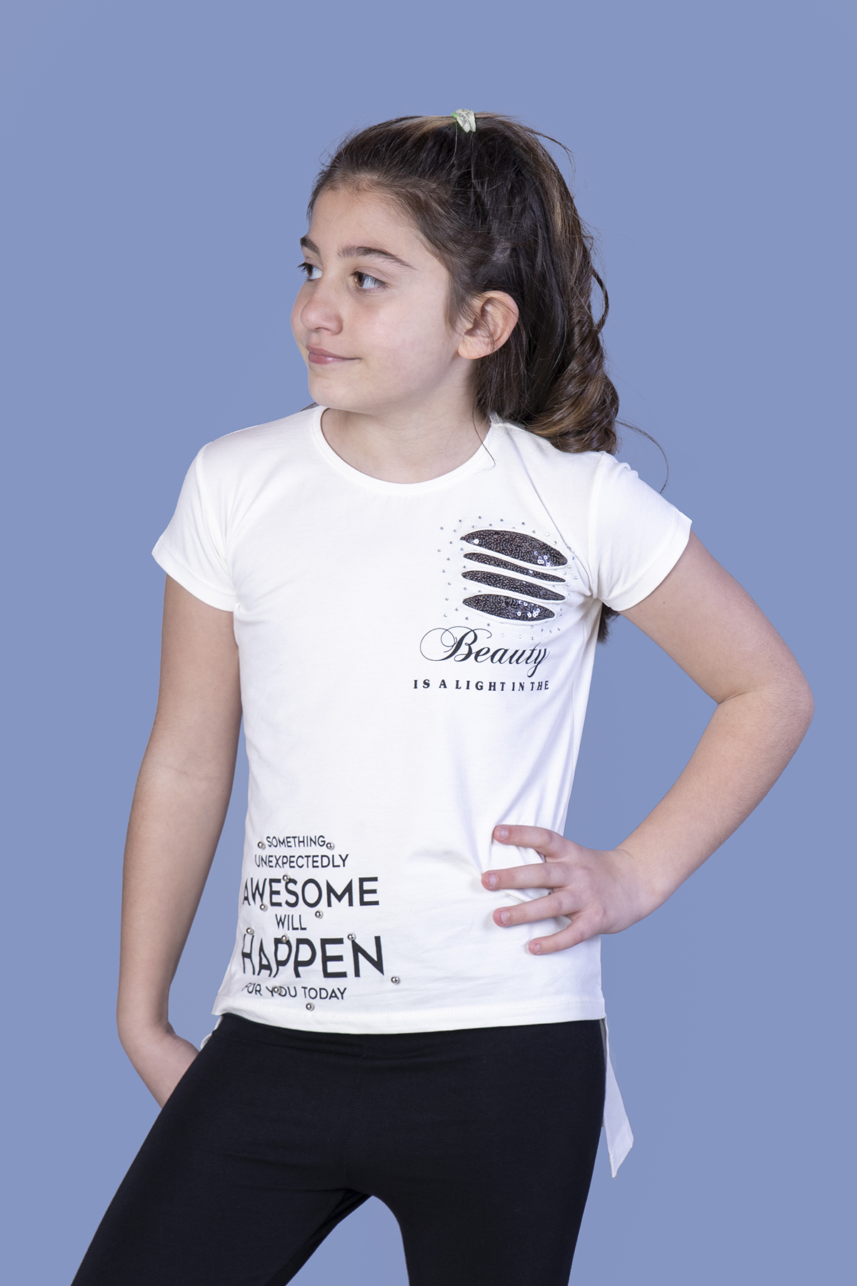 Toontoy  Kız Çocuk T-Shirt Göğsü Lazer Kesim Taşlı
